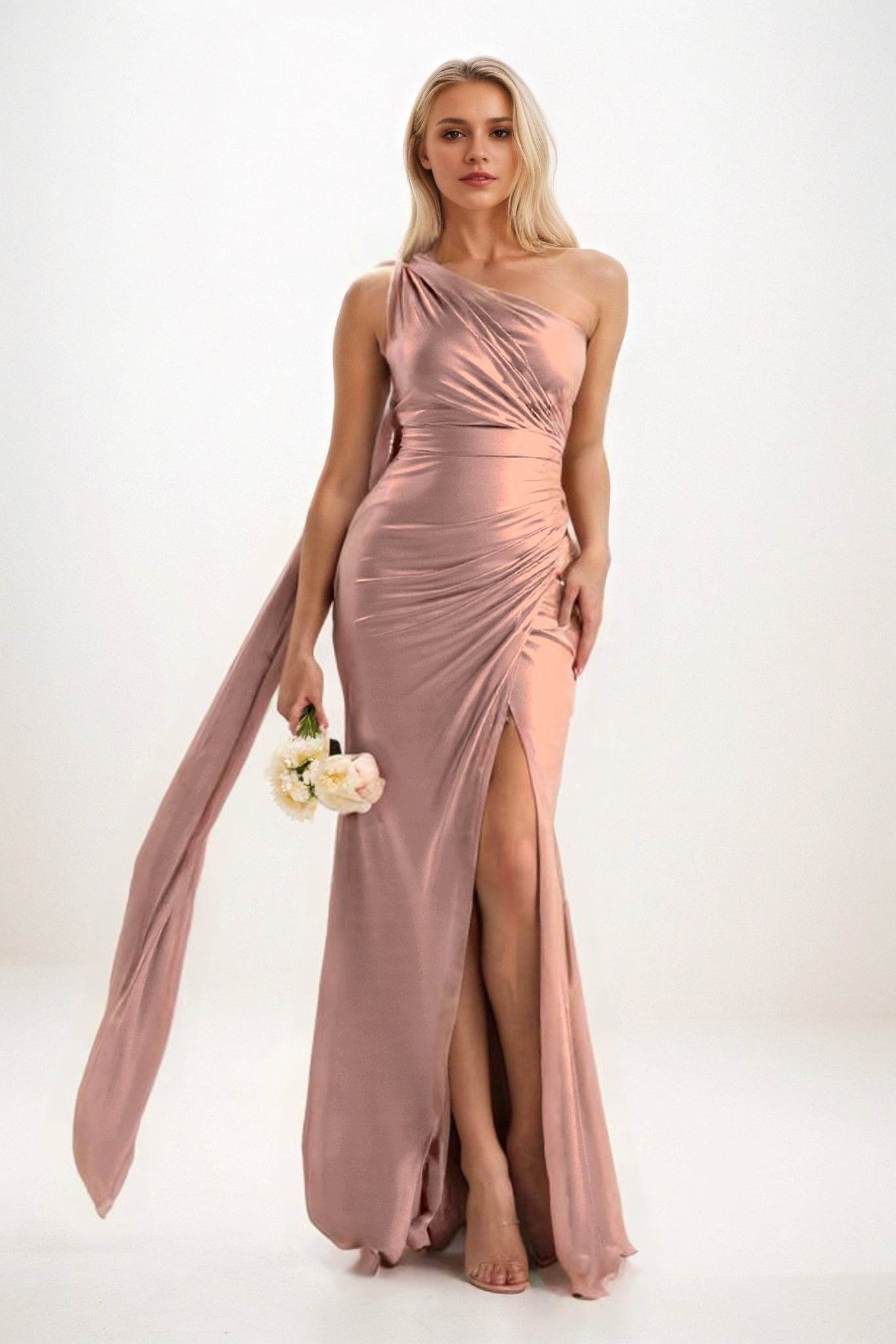 Sheath-Column Sweep-Brush Train Luxe Satin Bridesmaid Dress CB0833 - COCOMELODY