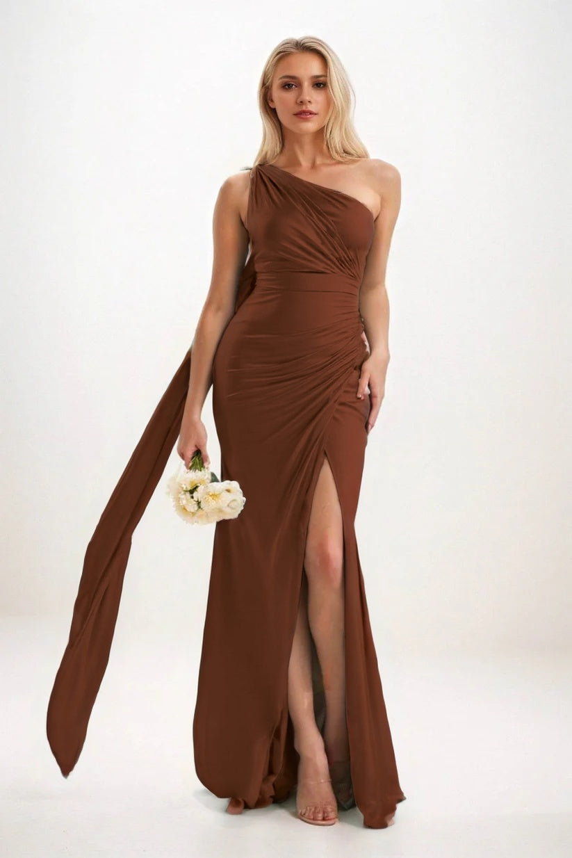 Sheath-Column Sweep-Brush Train Luxe Satin Bridesmaid Dress CB0833
