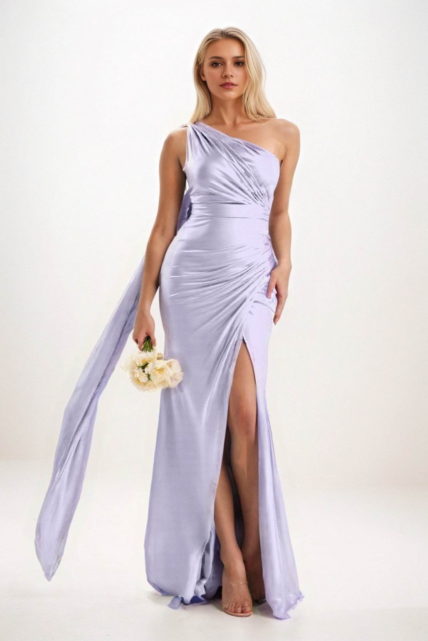 Sheath-Column Sweep-Brush Train Luxe Satin Bridesmaid Dress CB0833 - COCOMELODY