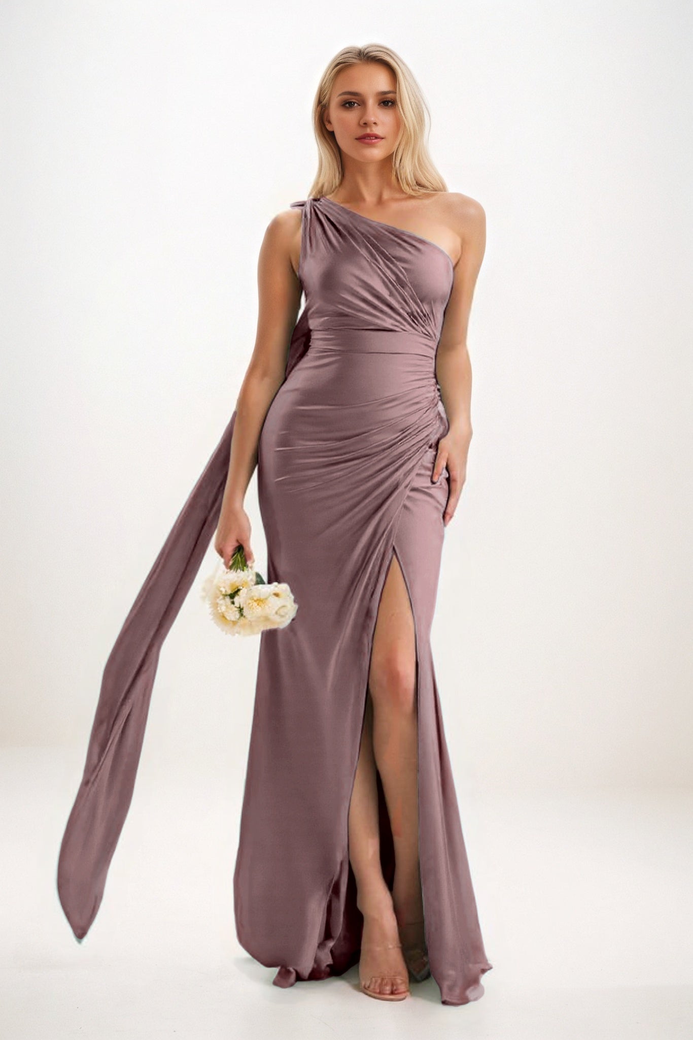 Sheath-Column Sweep-Brush Train Luxe Satin Bridesmaid Dress CB0833