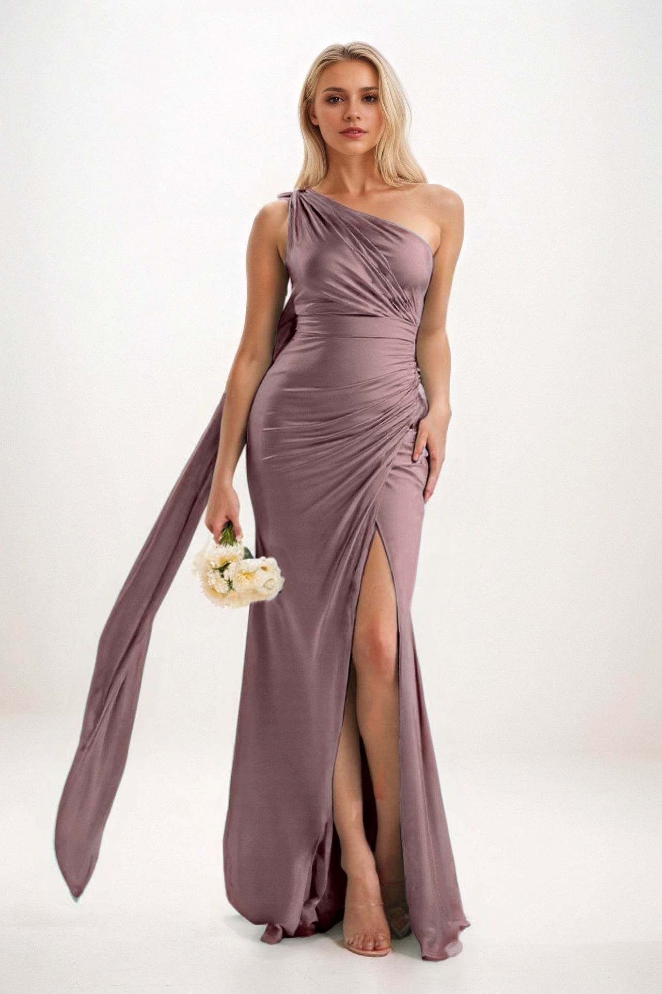 Sheath-Column Sweep-Brush Train Luxe Satin Bridesmaid Dress CB0833 - COCOMELODY