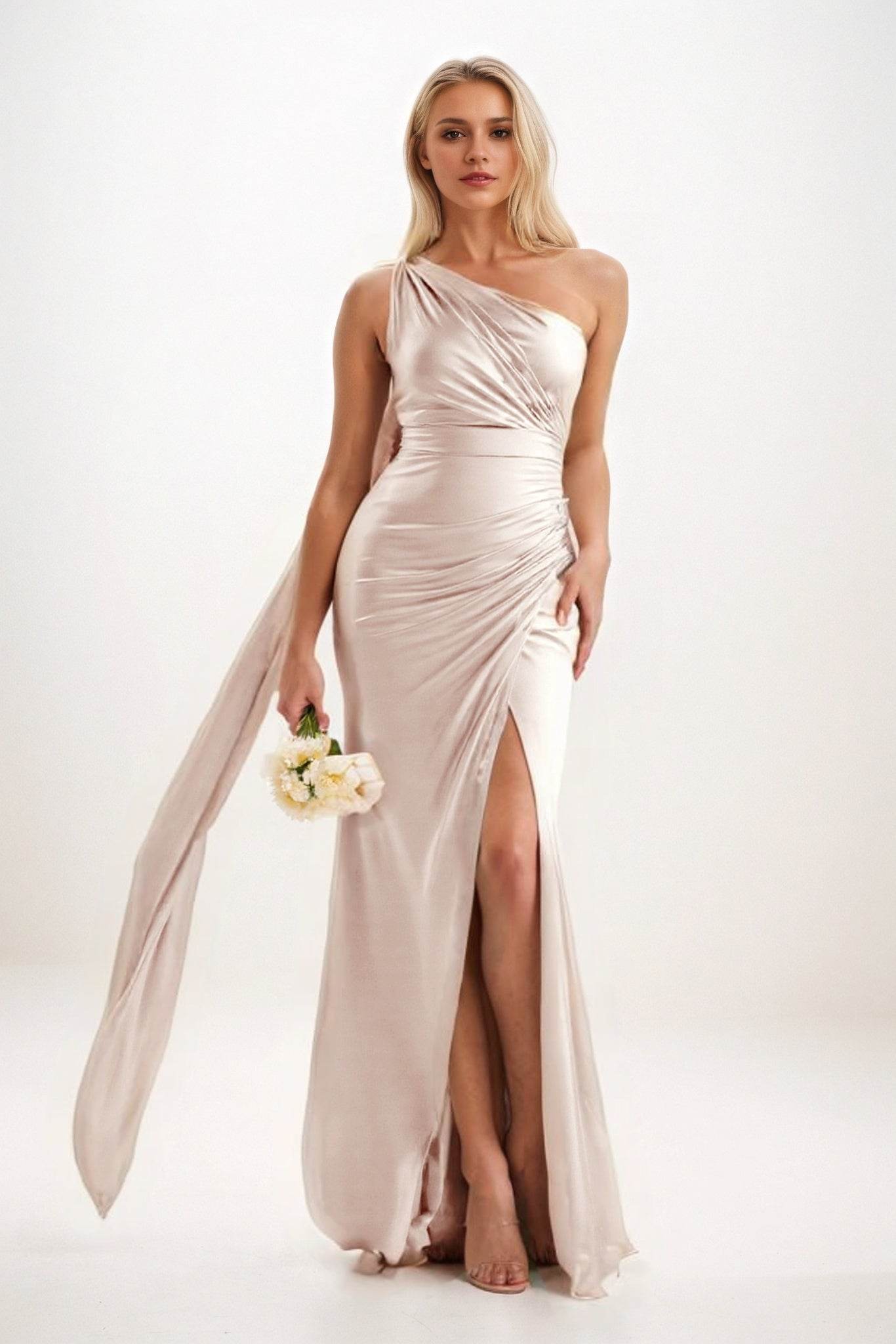 Sheath-Column Sweep-Brush Train Luxe Satin Bridesmaid Dress CB0833 - COCOMELODY