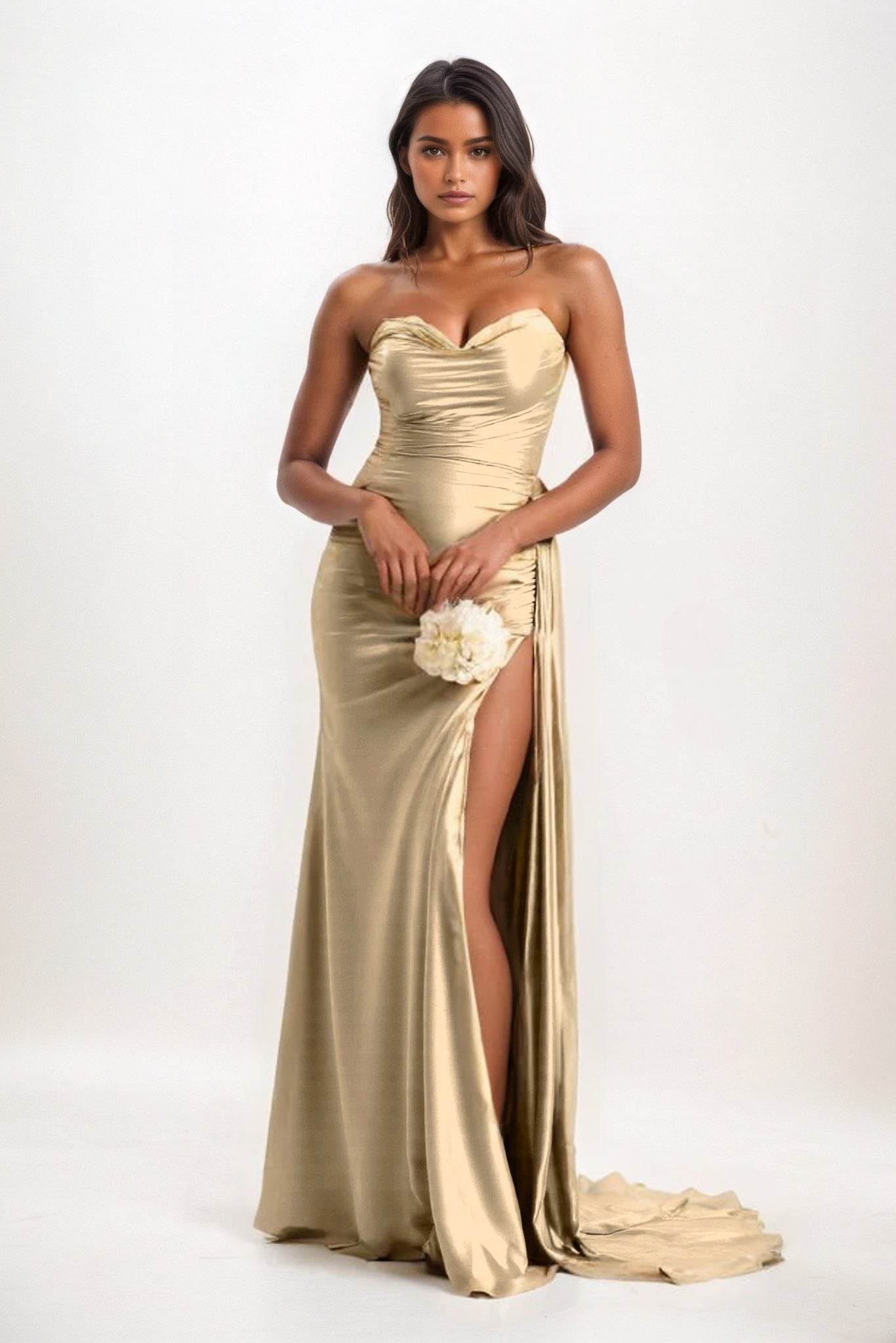 Sheath-Column Court Train Luxe Satin Bridesmaid Dress CB0835 - COCOMELODY