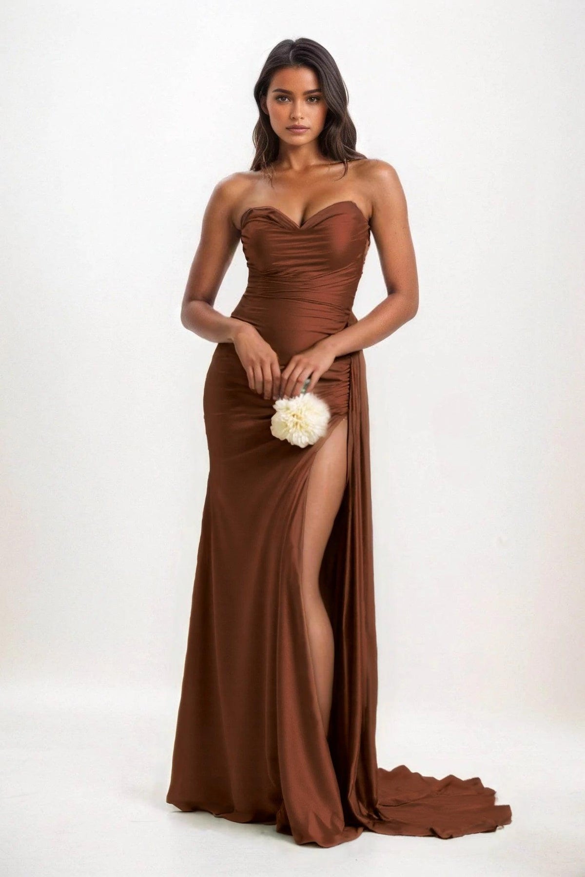 Sheath-Column Court Train Luxe Satin Bridesmaid Dress CB0835 - Espresso - COCOMELODY