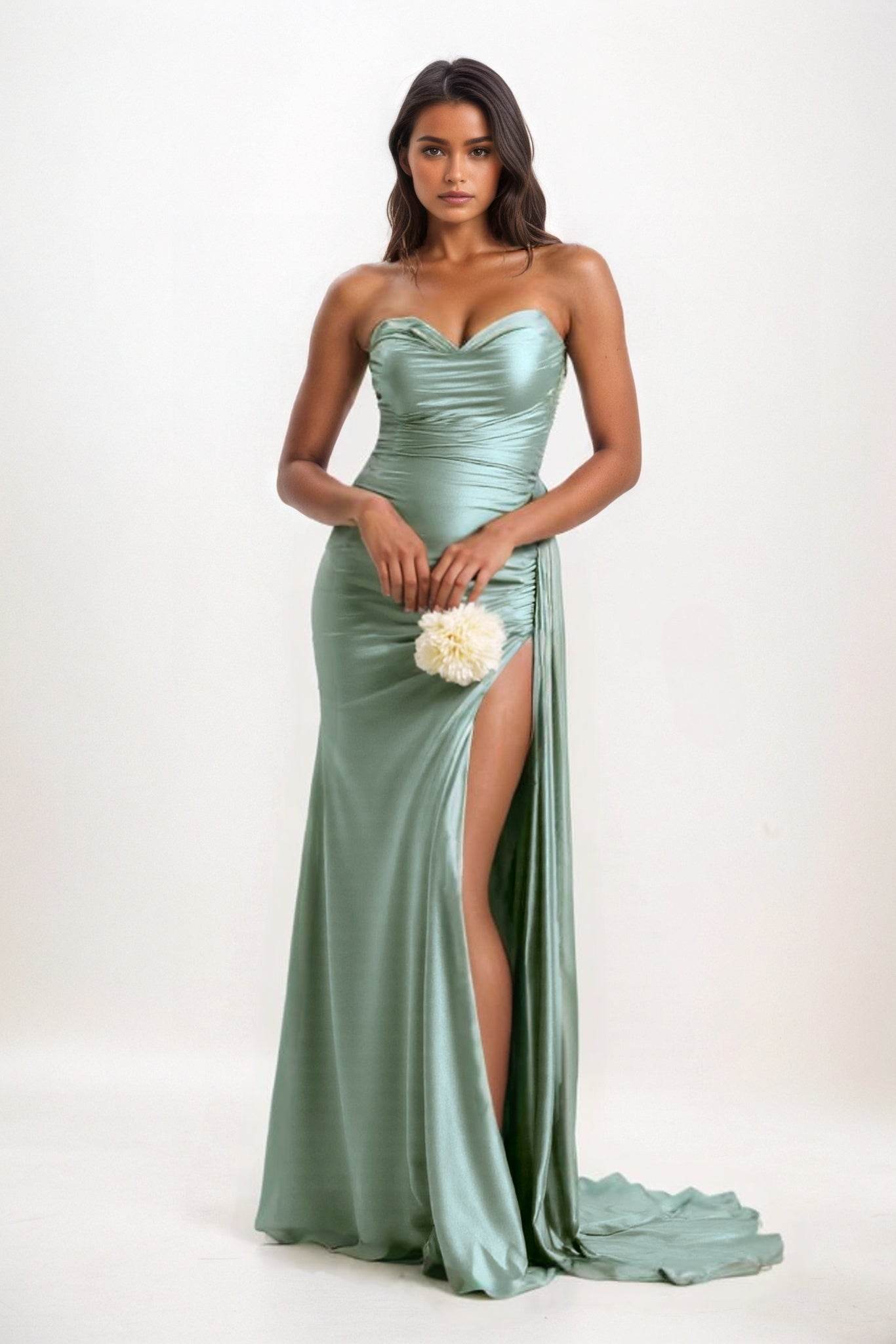 Sheath Court Train Luxe Satin Olive Green Bridesmaid Dresses COCOMELODY CB0835, Agave Green