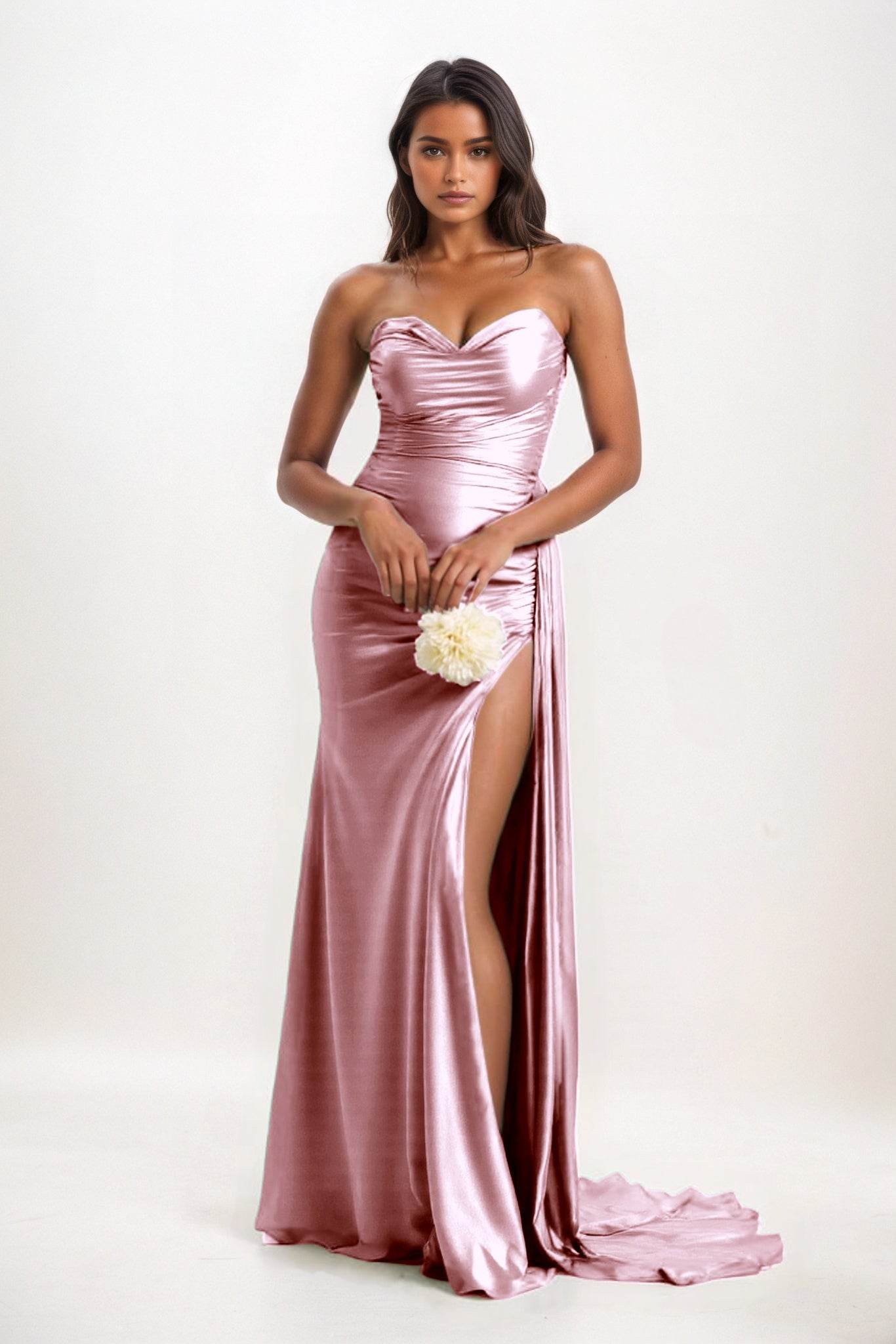 Sheath-Column Court Train Luxe Satin Bridesmaid Dress CB0835 - COCOMELODY