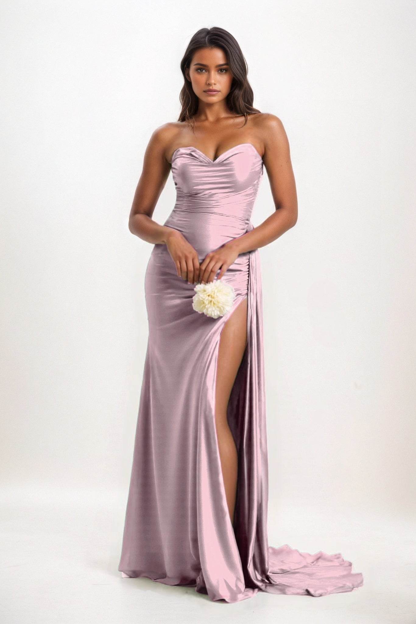 Sheath-Column Court Train Luxe Satin Bridesmaid Dress CB0835 - COCOMELODY