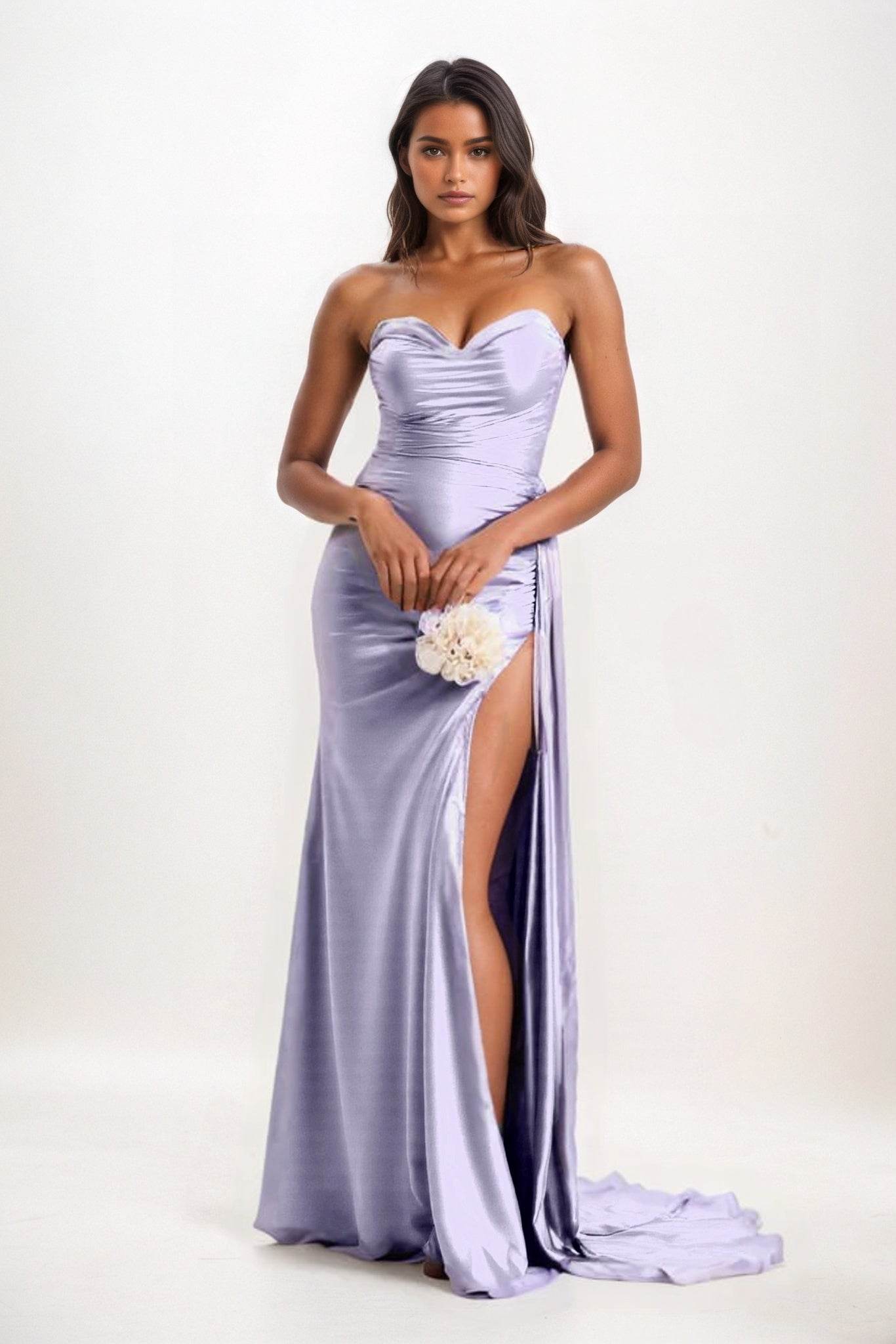 Sheath-Column Court Train Luxe Satin Bridesmaid Dress CB0835 - COCOMELODY