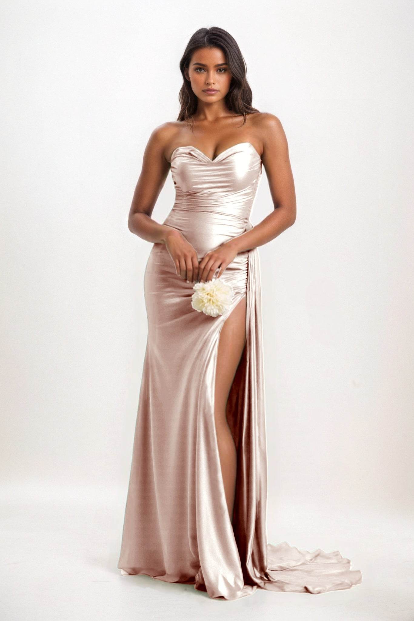 Sheath-Column Court Train Luxe Satin Bridesmaid Dress CB0835 - COCOMELODY