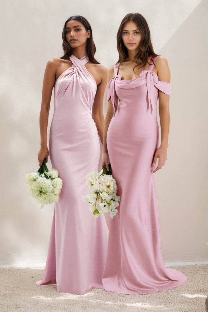 Sheath-Column Maxi Luxe Satin Bridesmaid Dress CB0841 - COCOMELODY