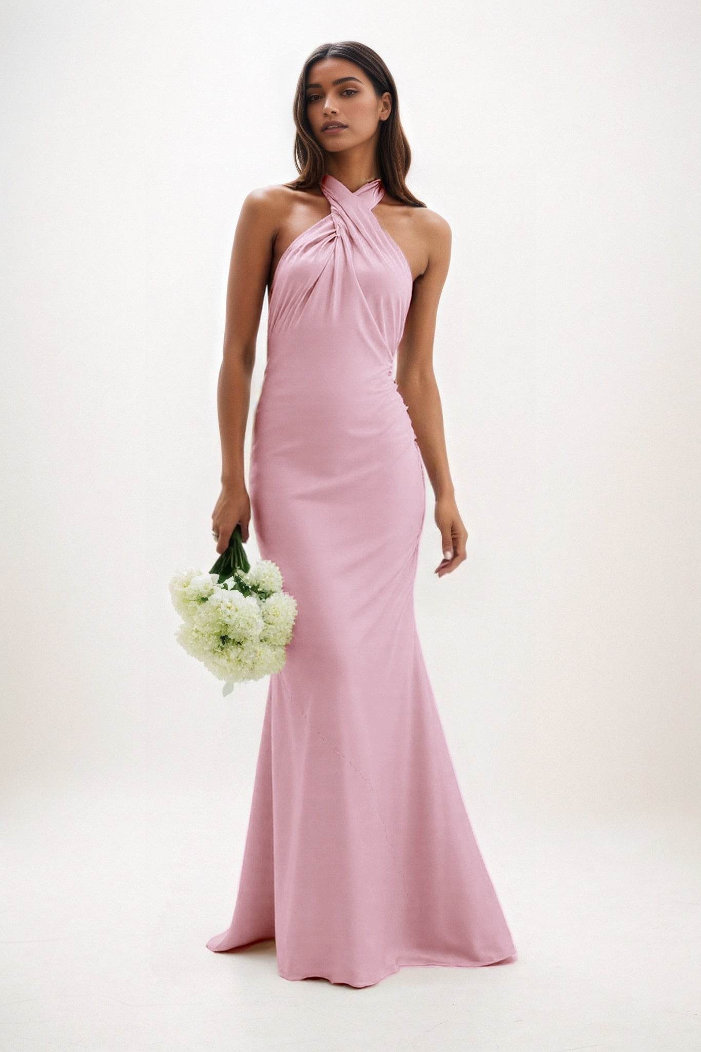 Sheath-Column Maxi Luxe Satin Bridesmaid Dress CB0837 - COCOMELODY