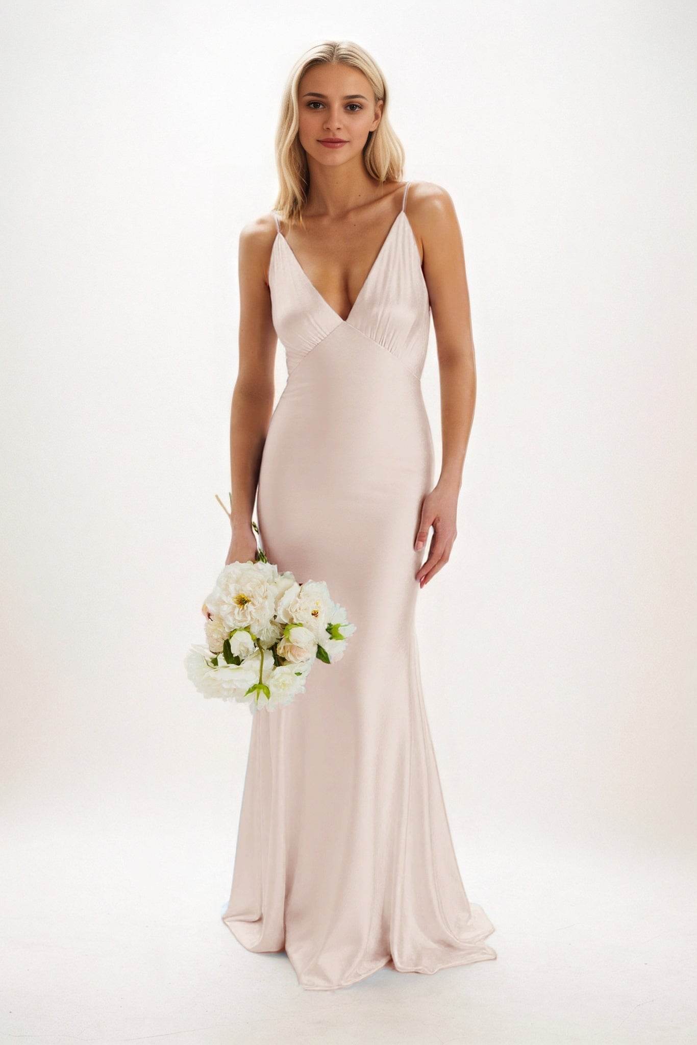 Sheath-Column Maxi Luxe Satin Bridesmaid Dress CB0839 - COCOMELODY