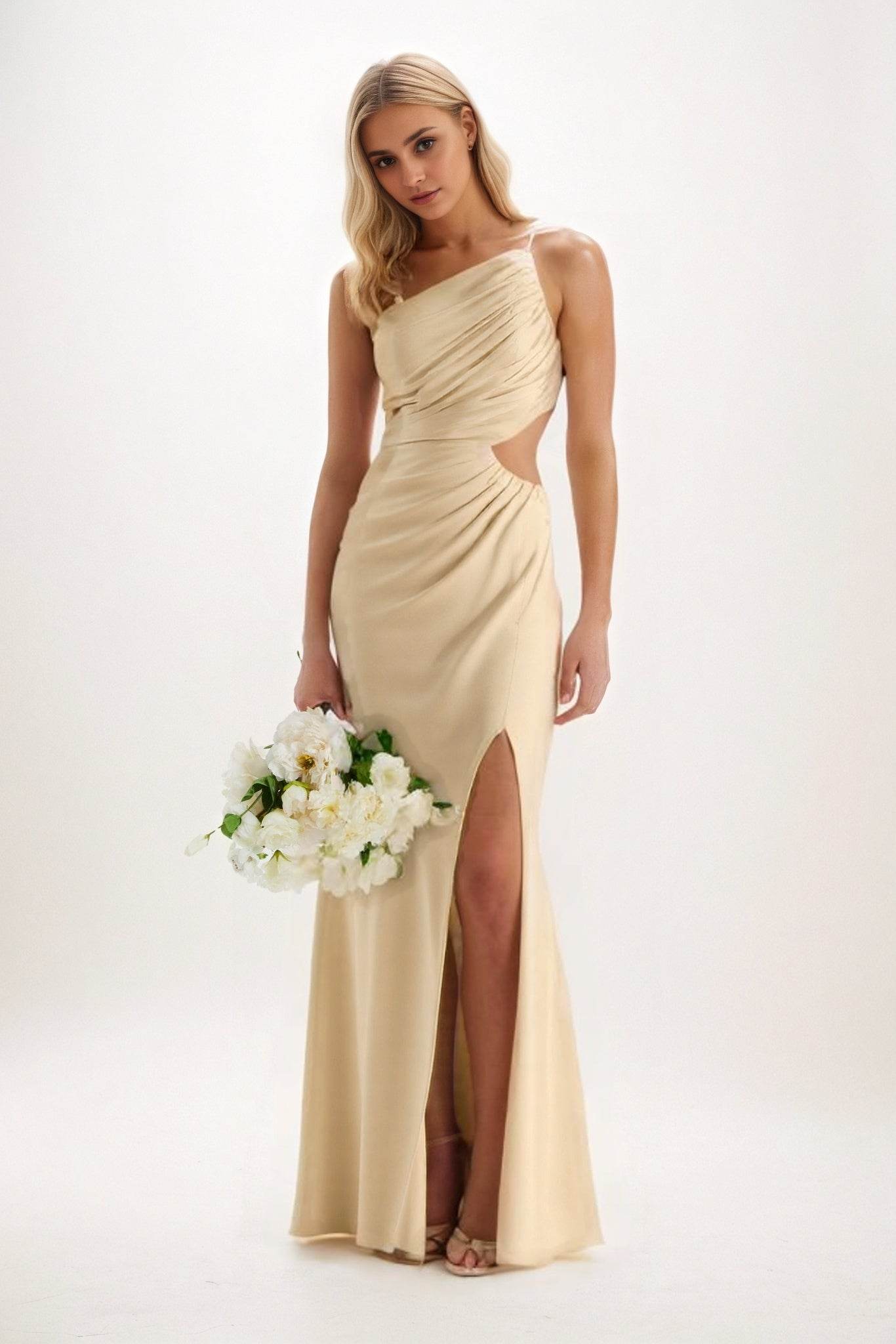 Sheath-Column Maxi Luxe Satin Bridesmaid Dress CB0842 - COCOMELODY