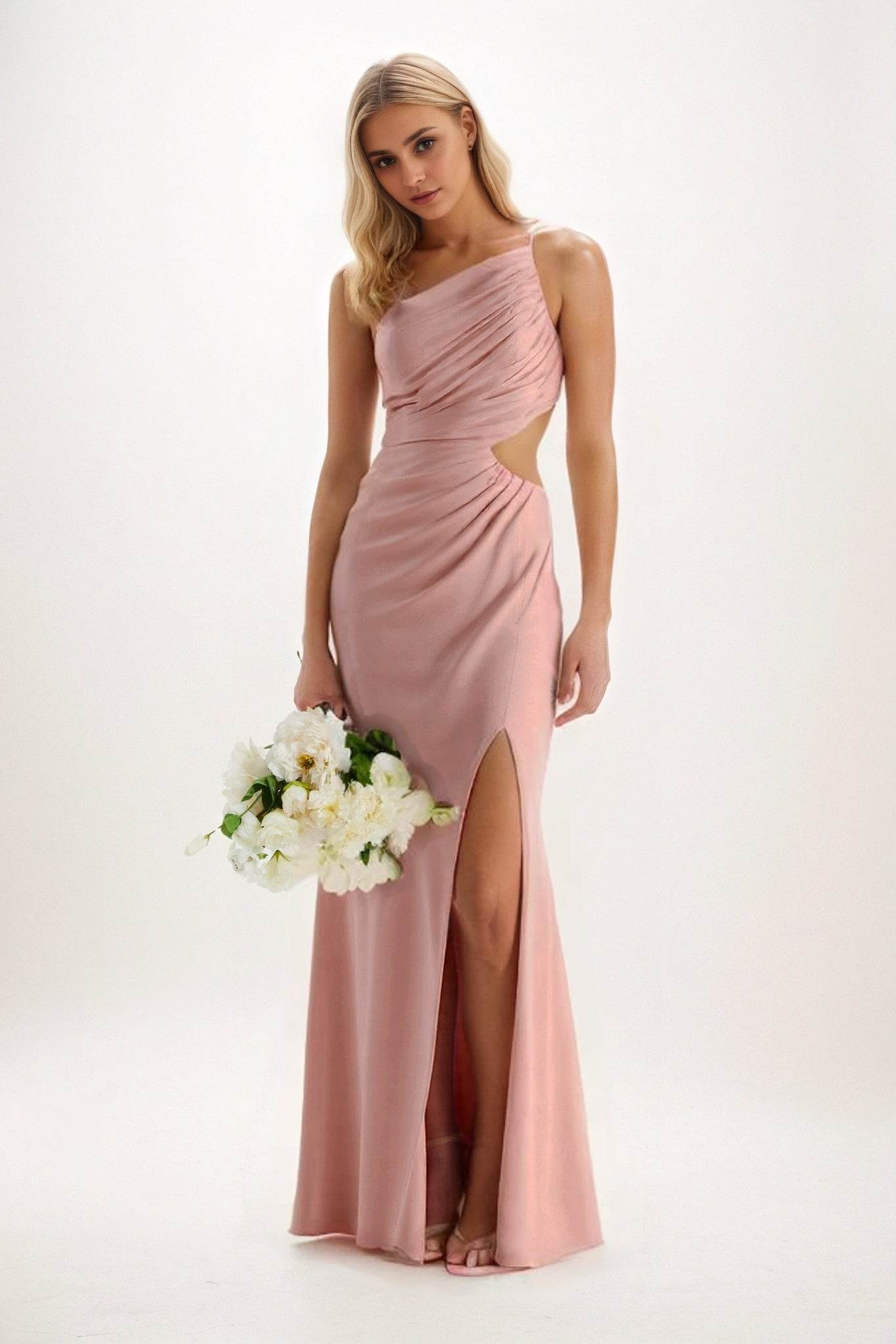 Sheath-Column Maxi Luxe Satin Bridesmaid Dress CB0842 - COCOMELODY
