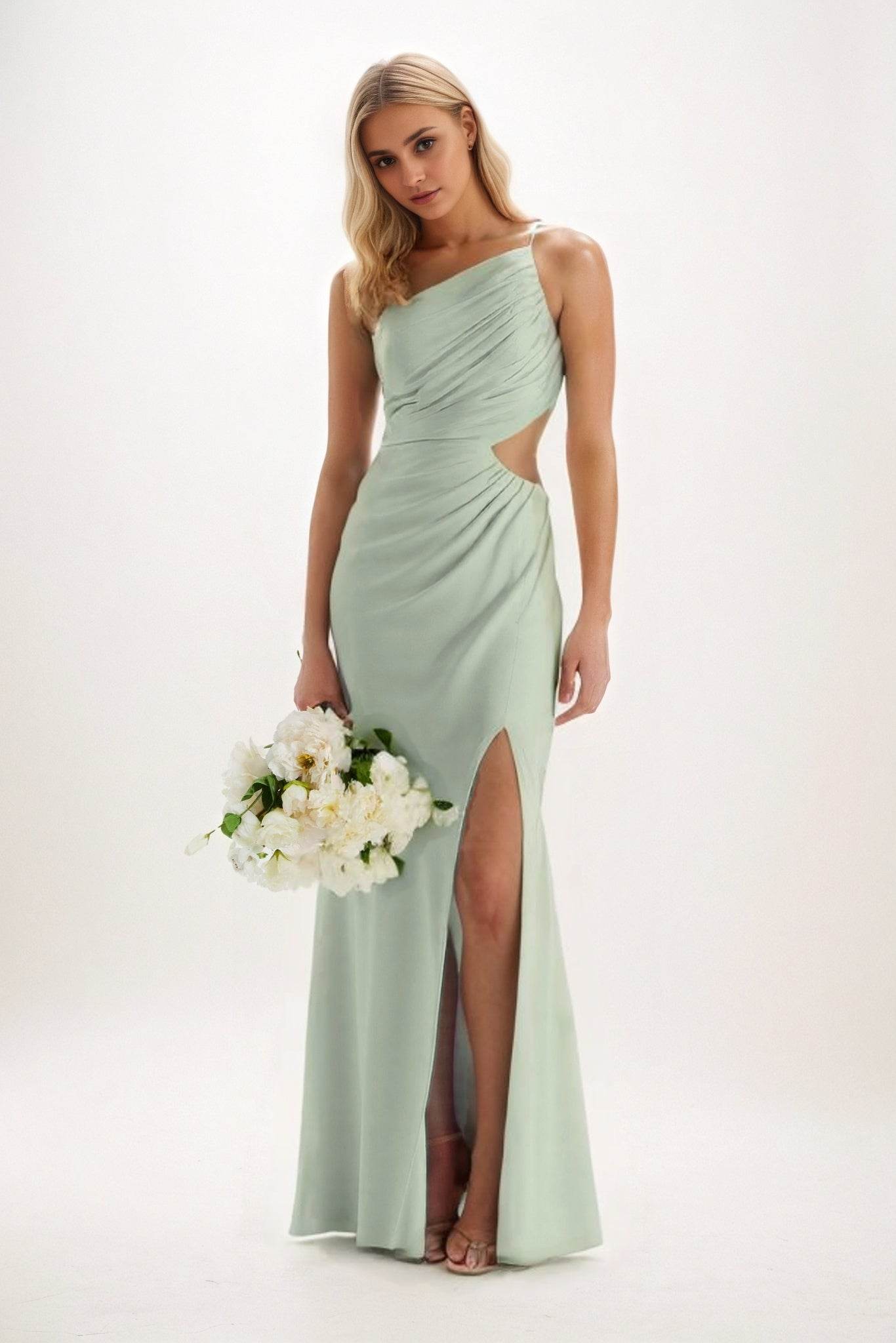 Sheath-Column Maxi Luxe Satin Bridesmaid Dress CB0842 - COCOMELODY