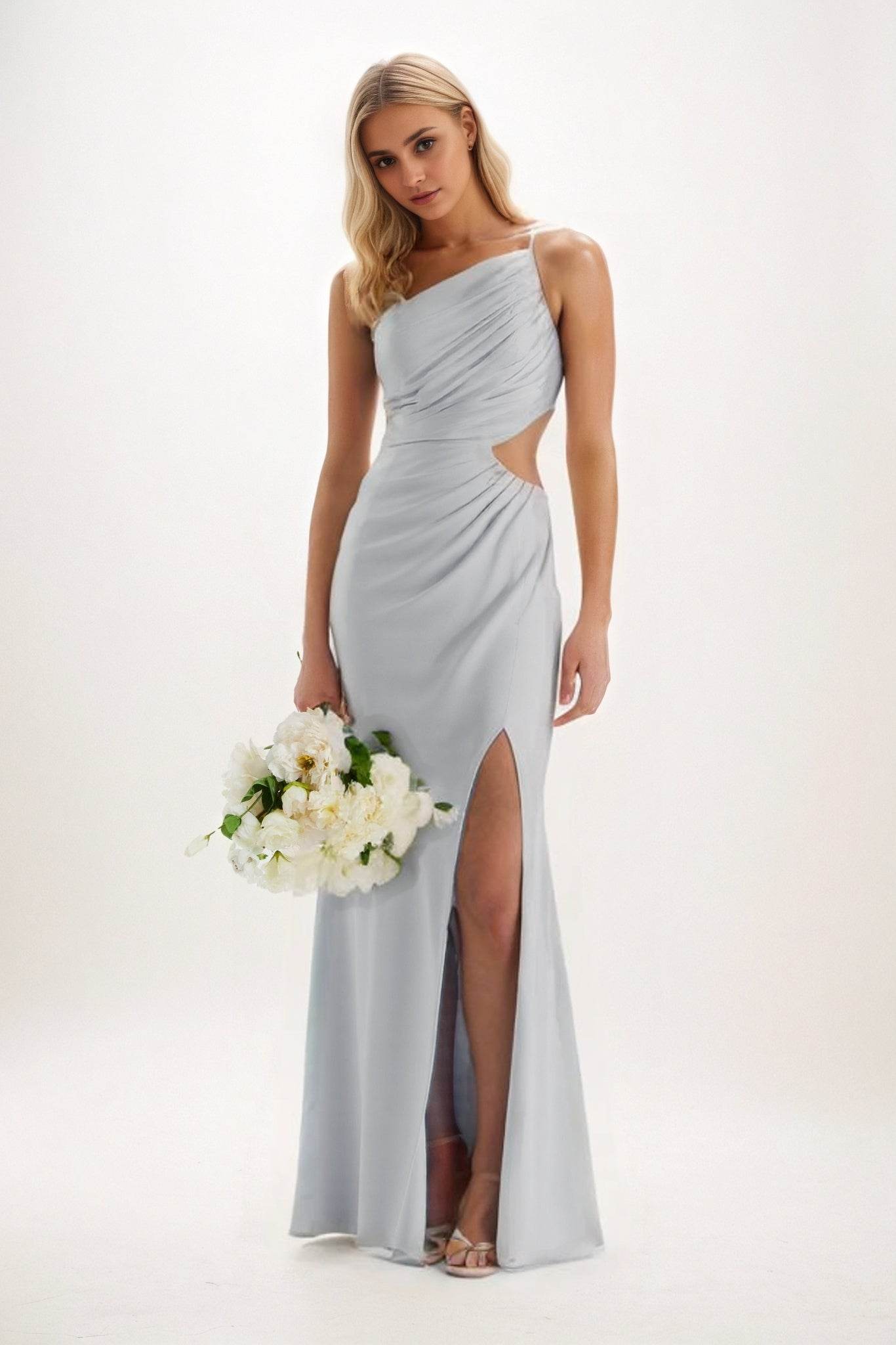 Sheath-Column Maxi Luxe Satin Bridesmaid Dress CB0842 - COCOMELODY