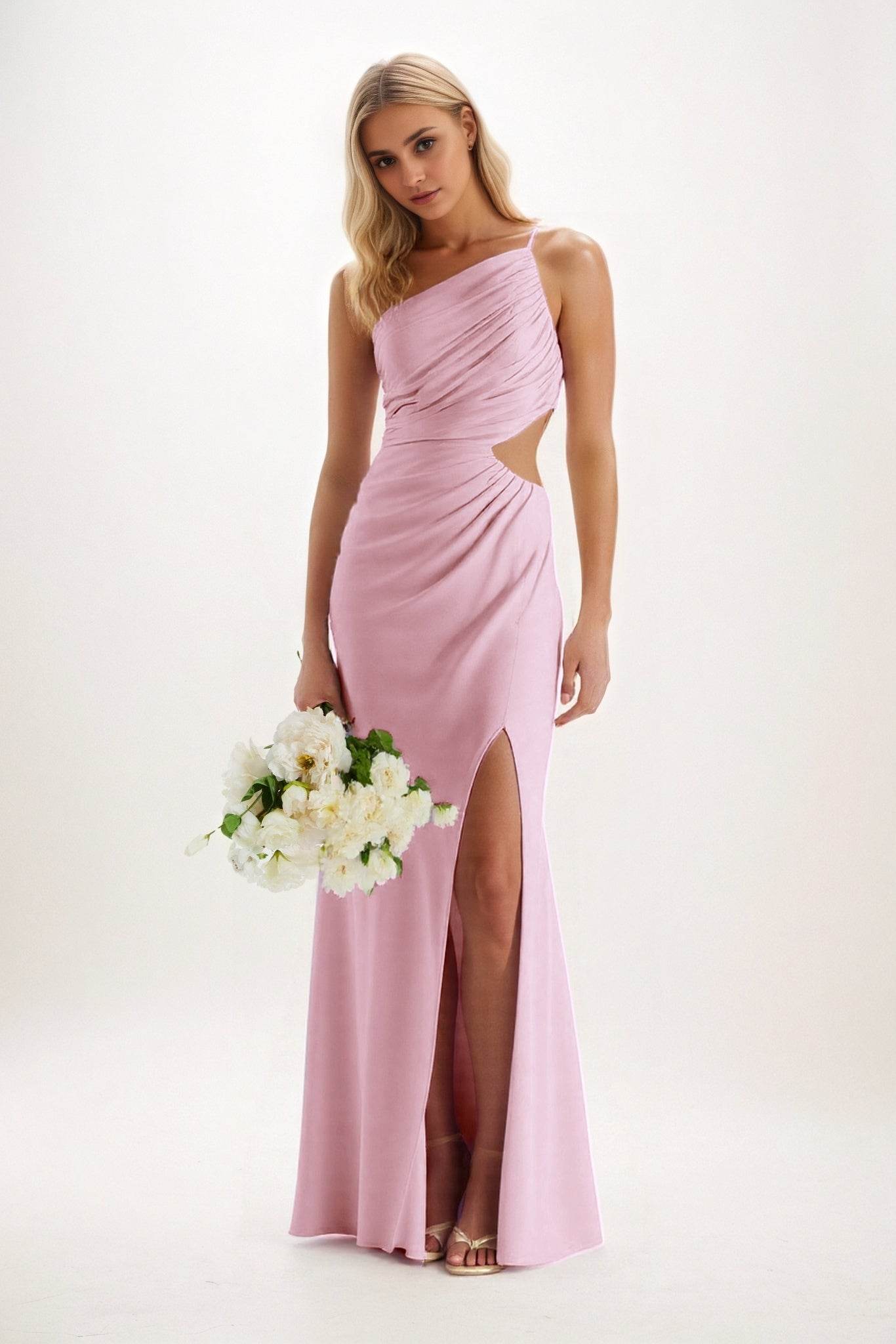Sheath-Column Maxi Luxe Satin Bridesmaid Dress CB0842 - COCOMELODY