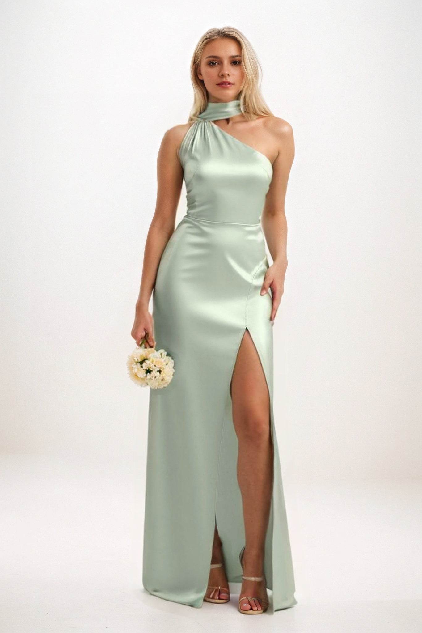 Sheath-Column Maxi Luxe Satin Bridesmaid Dress CB0851 - COCOMELODY