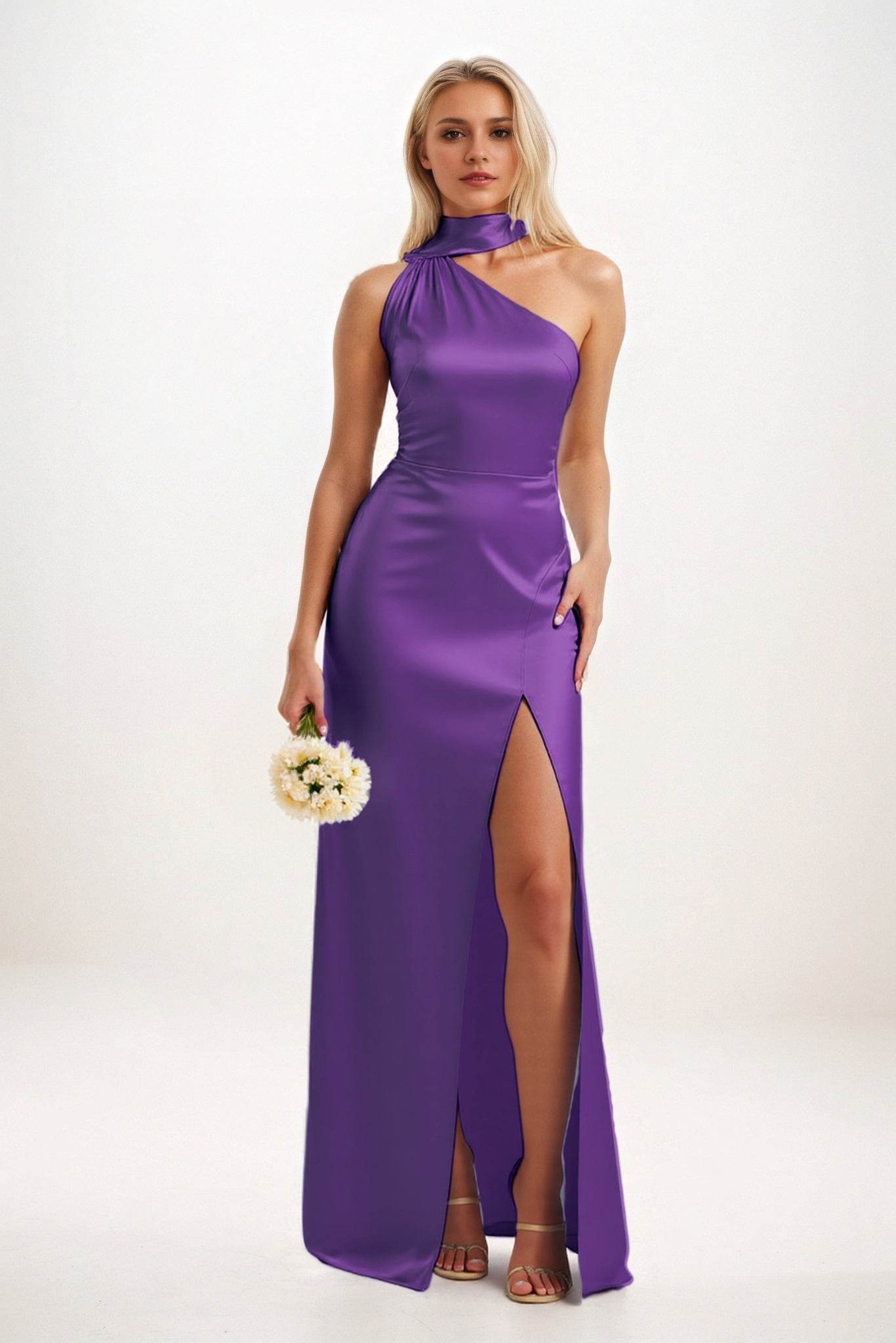 Sheath-Column Maxi Luxe Satin Bridesmaid Dress CB0851 - COCOMELODY