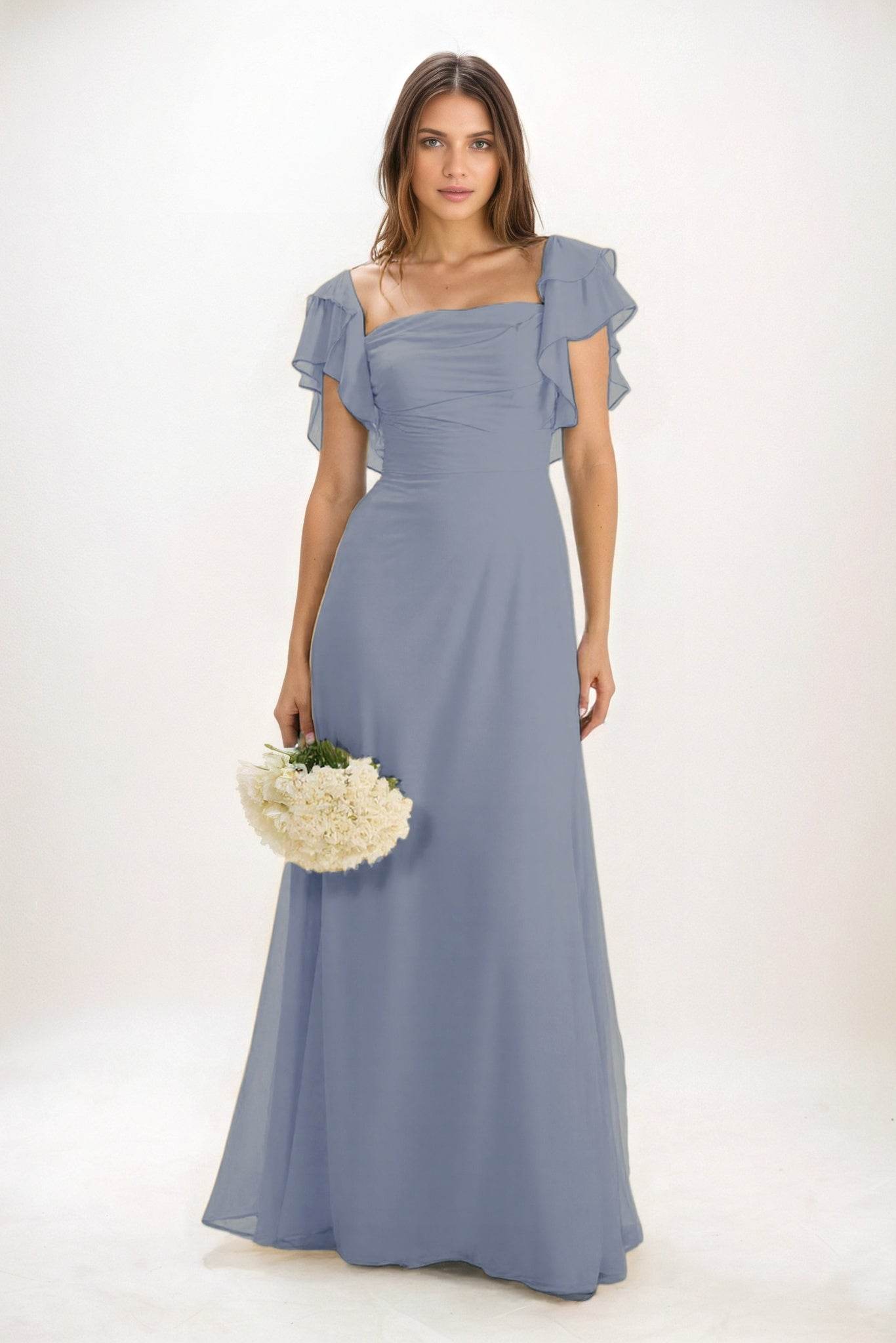 A-Line Maxi Chiffon Bridesmaid Dresses Ruffle Sleeves Bateau Wedding Guest Dress COCOMELODY CB0856, Pale Pink A-Line Maxi Chiffon Bridesmaid Dresses Ruffle Sleeves Bateau Wedding Guest Dress COCOMELODY CB0856, Pale Pink