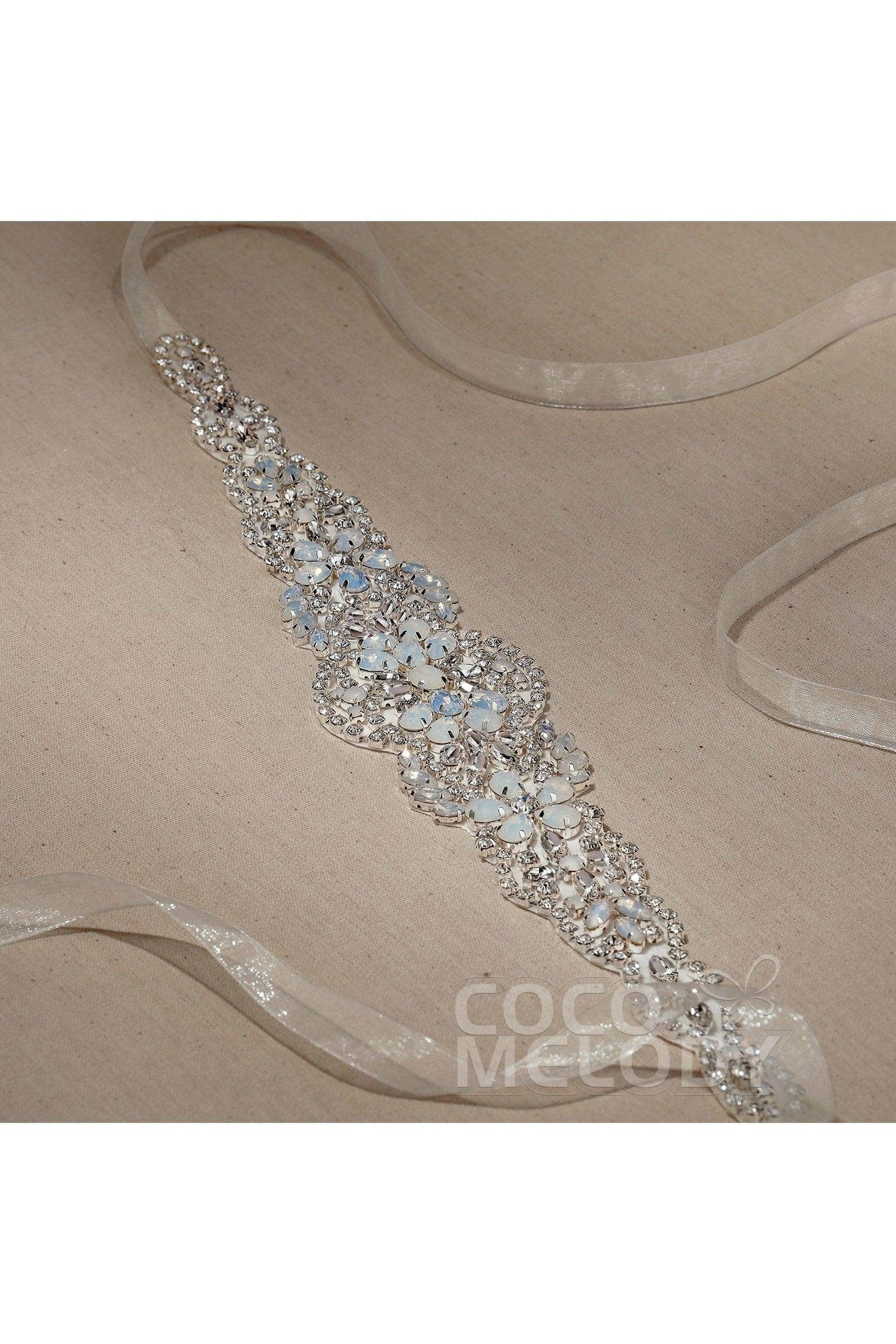 Tulle Wedding Sash with Opal and Rhinestone CC0053 - COCOMELODY