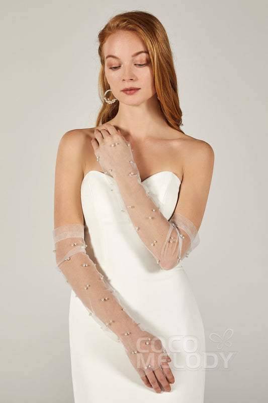 Fingerless Opera Length Tulle Wedding Gloves Pearls CD0054