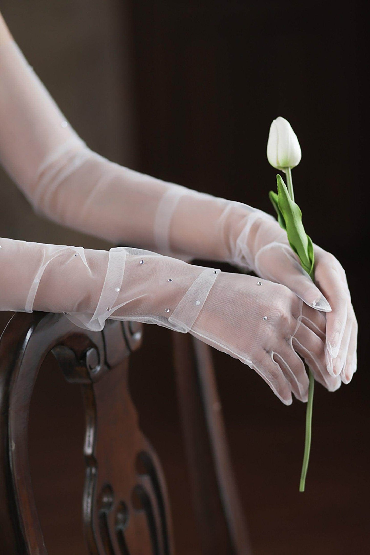 Fingertips Elbow Length Tulle Wedding Gloves CD0094 - COCOMELODY