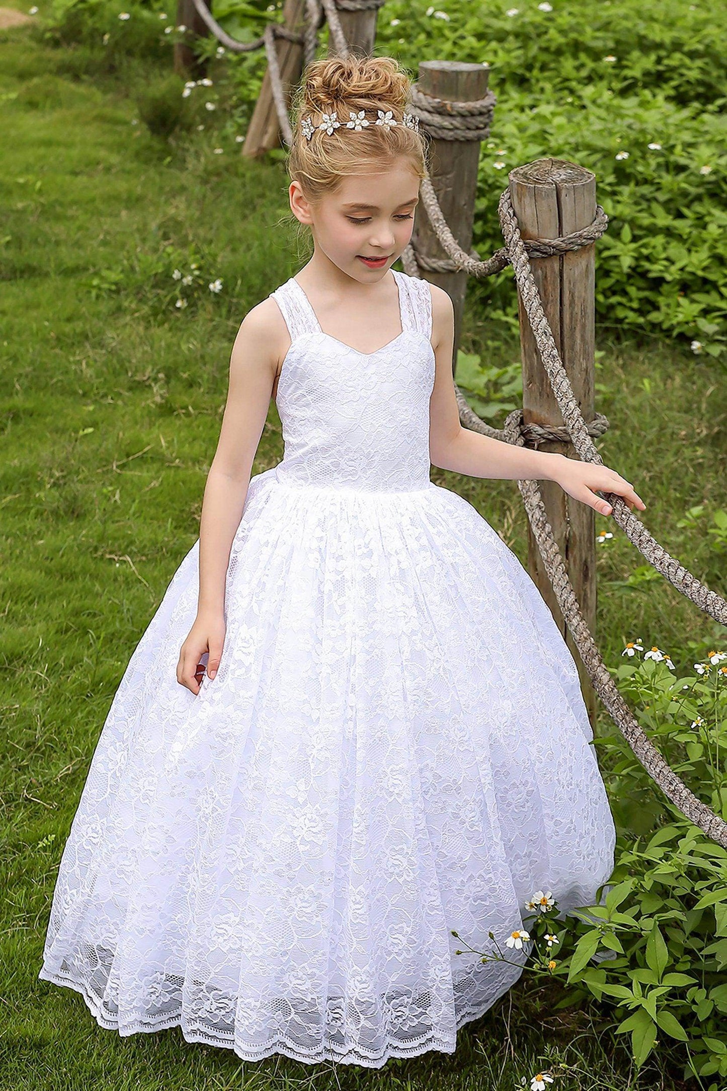 A-Line Floor Length Tulle Lace Flower Girl Dress CF0271 - COCOMELODY