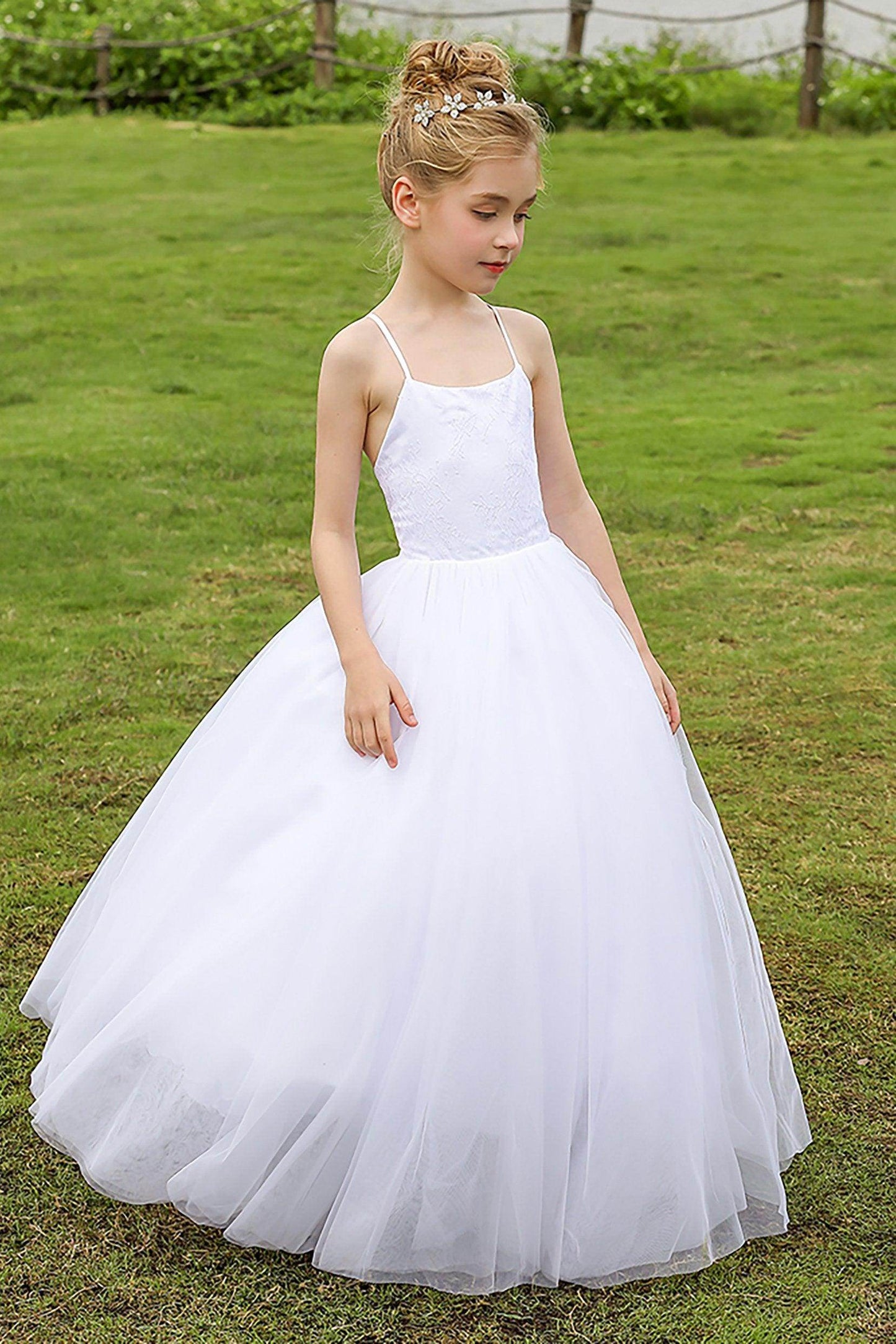 A-Line Floor Length Satin Tulle Flower Girl Dress CF0274 - COCOMELODY