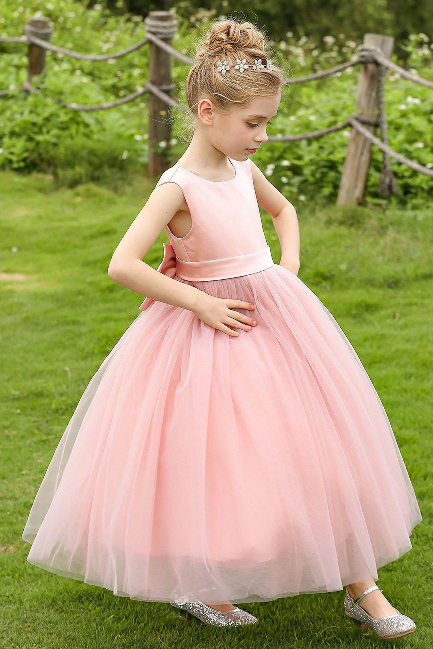 A-Line Tea Length Satin Tulle Flower Girl Dress CF0276 - COCOMELODY