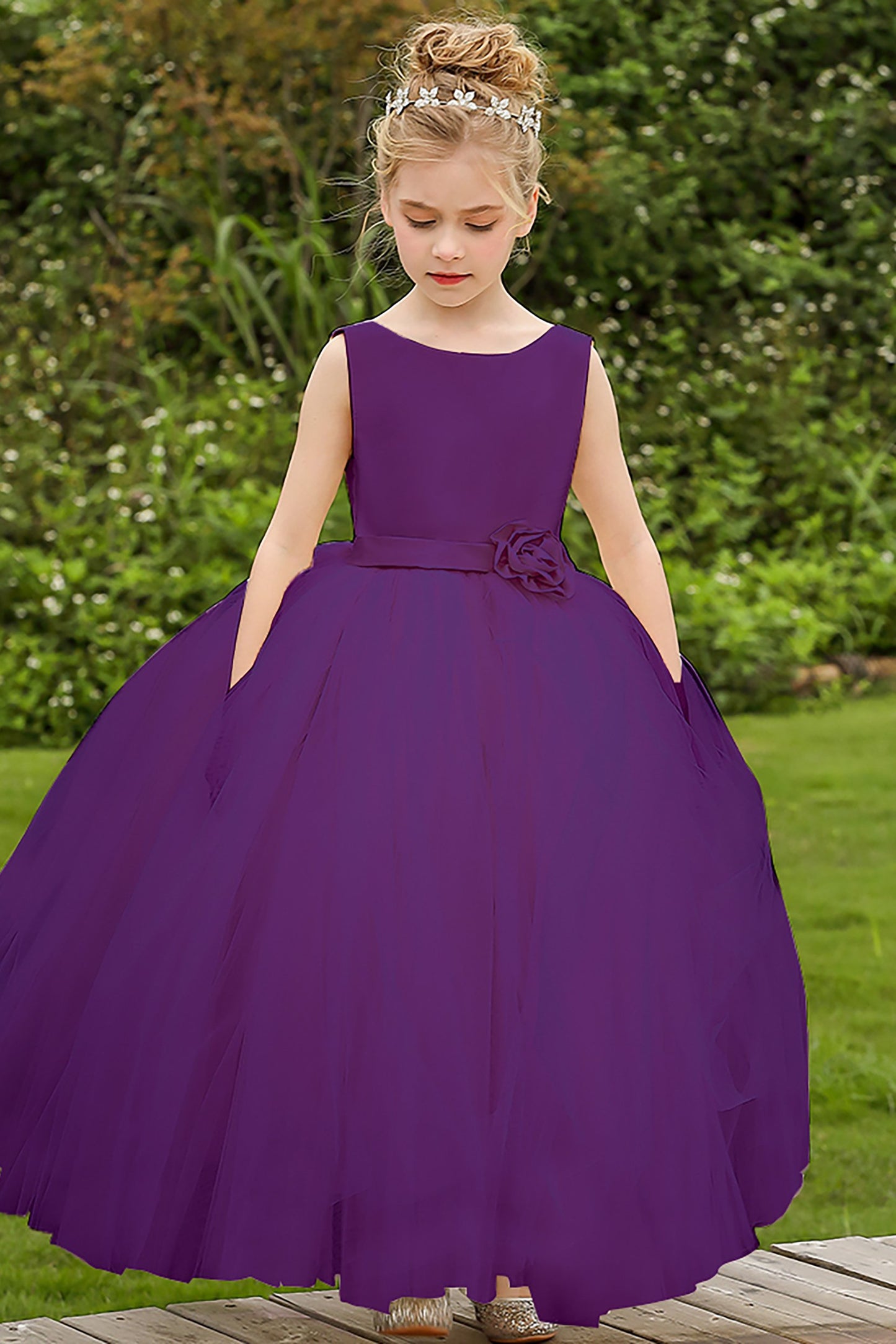 Ball Gown Floor Length Satin Tulle Flower Girl Dress CF0283