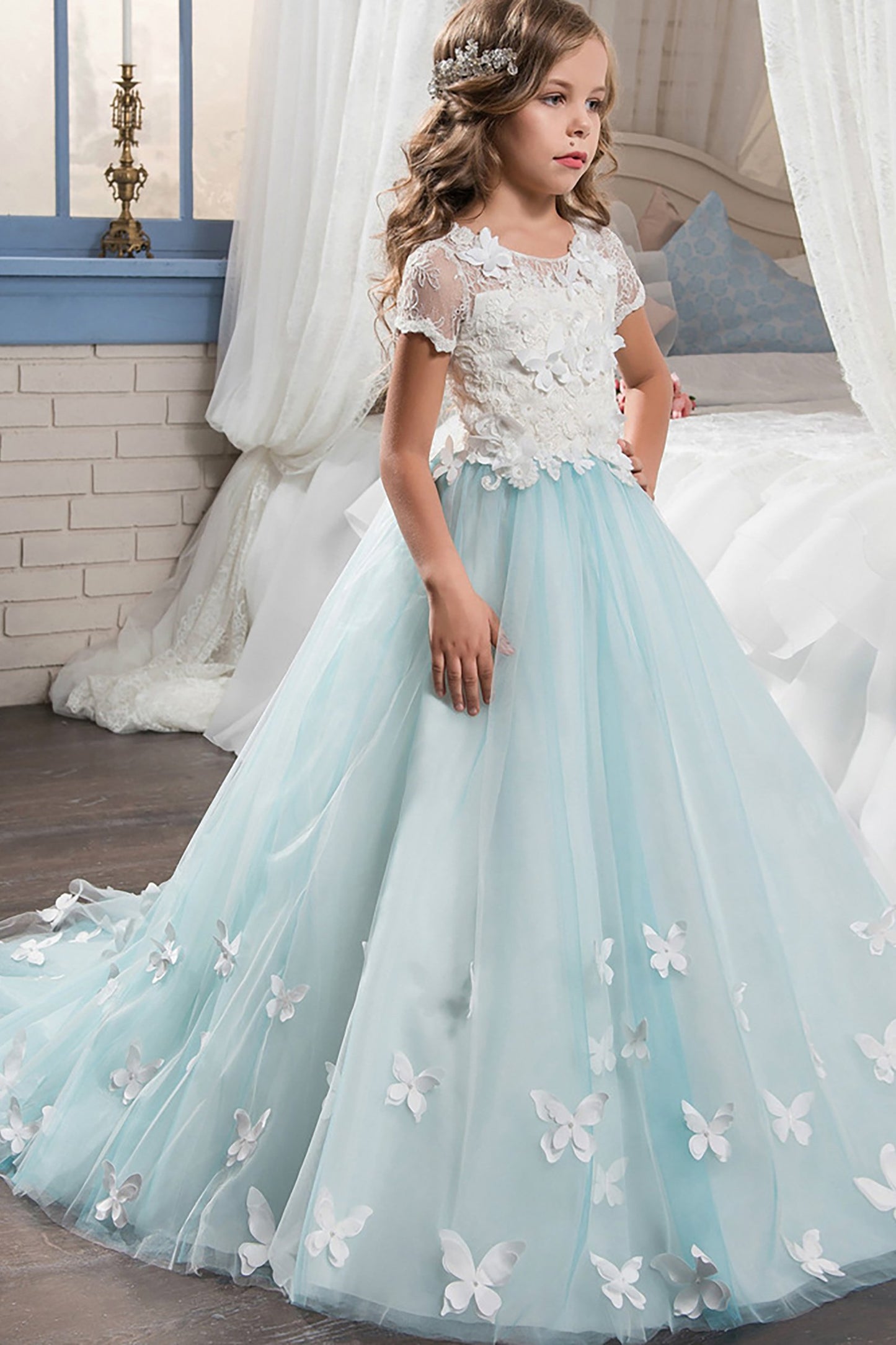 A-Line Floor Length Tulle Lace Flower Girl Dress CF0314