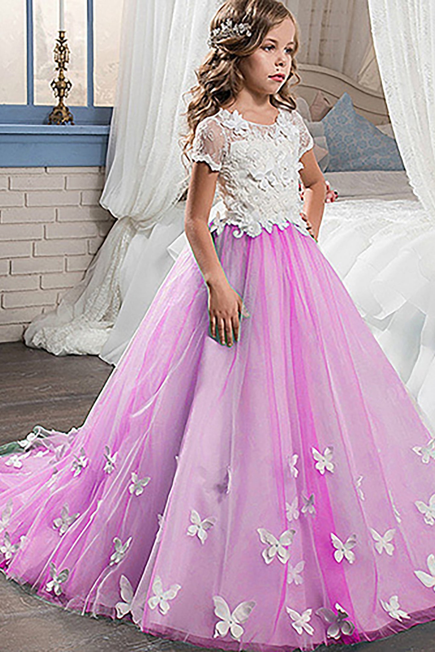 A-Line Floor Length Tulle Lace Flower Girl Dress CF0314