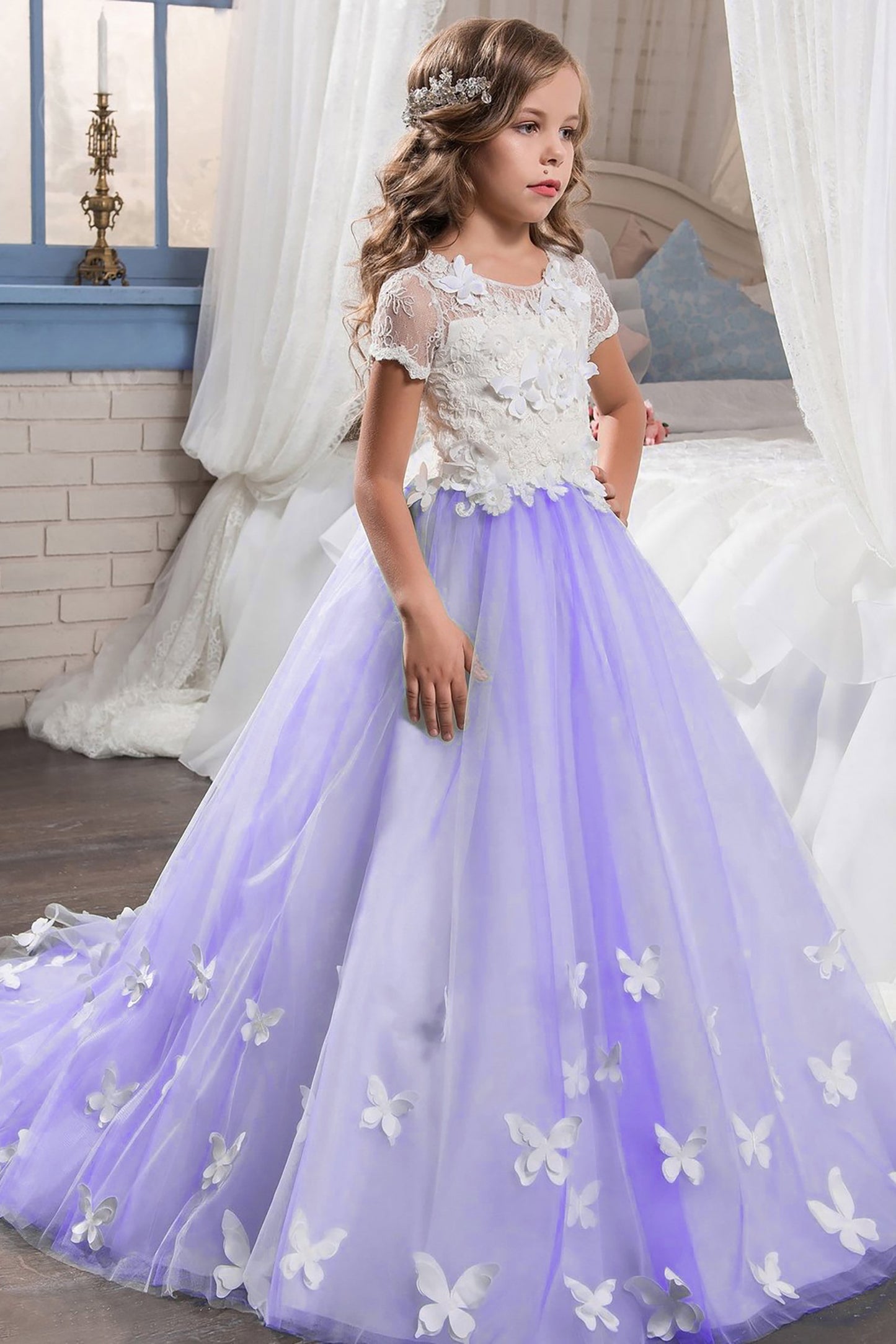 A-Line Floor Length Tulle Lace Flower Girl Dress CF0314