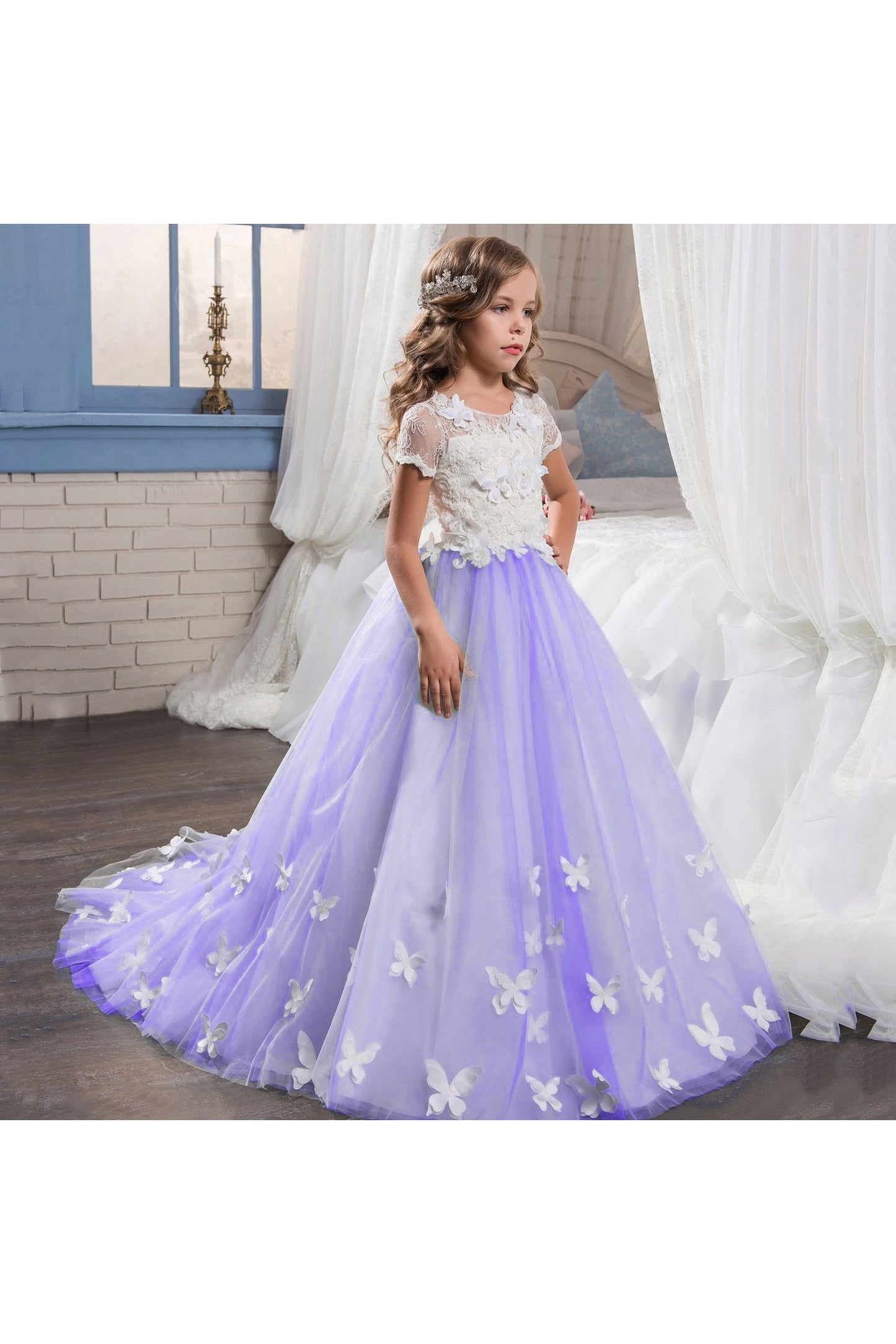 A-Line Floor Length Tulle Lace Flower Girl Dress CF0314