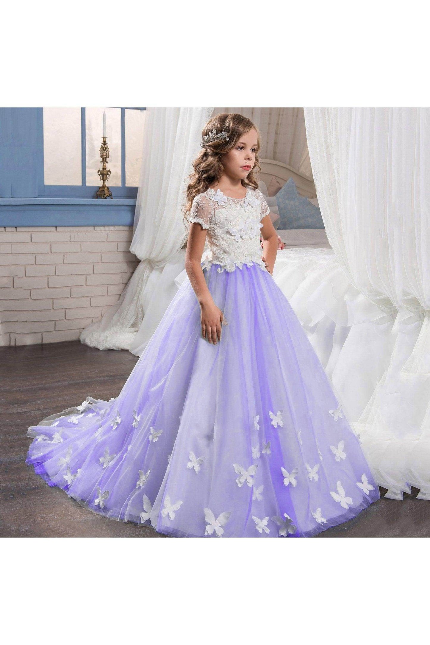 A-Line Floor Length Tulle Lace Flower Girl Dress CF0314 - COCOMELODY