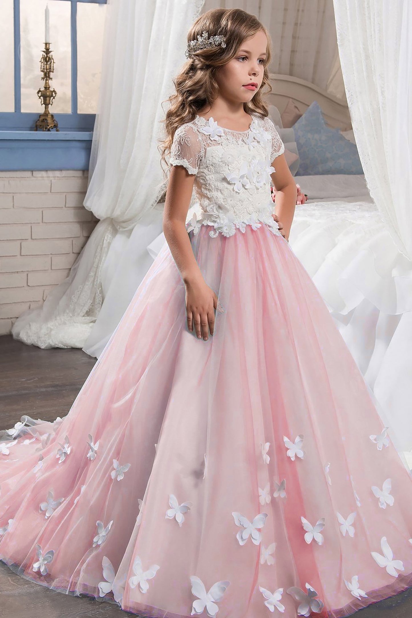 A-Line Floor Length Tulle Lace Flower Girl Dress CF0314