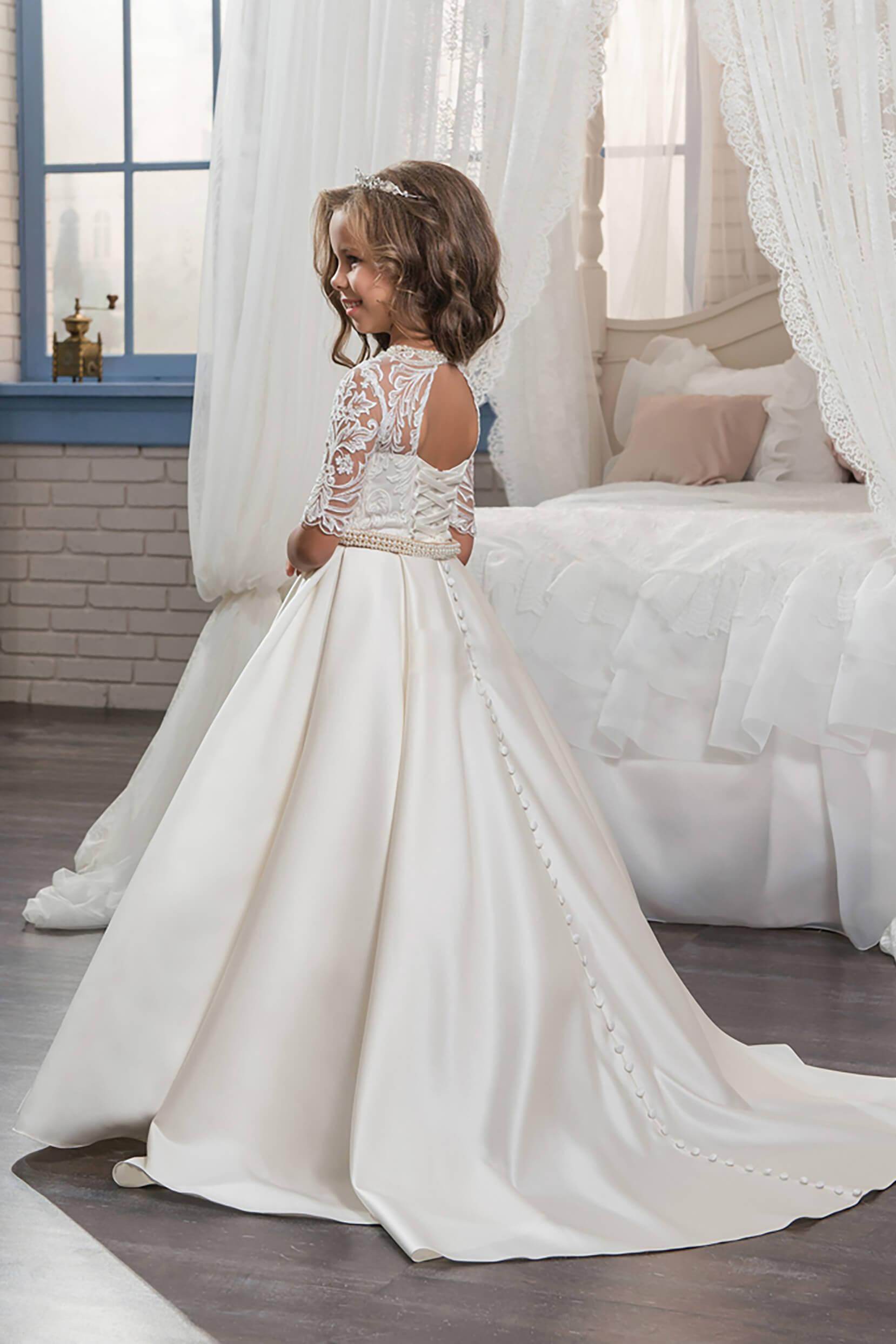 A-Line Floor Length Satin Lace Flower Girl Dress CF0320 - COCOMELODY