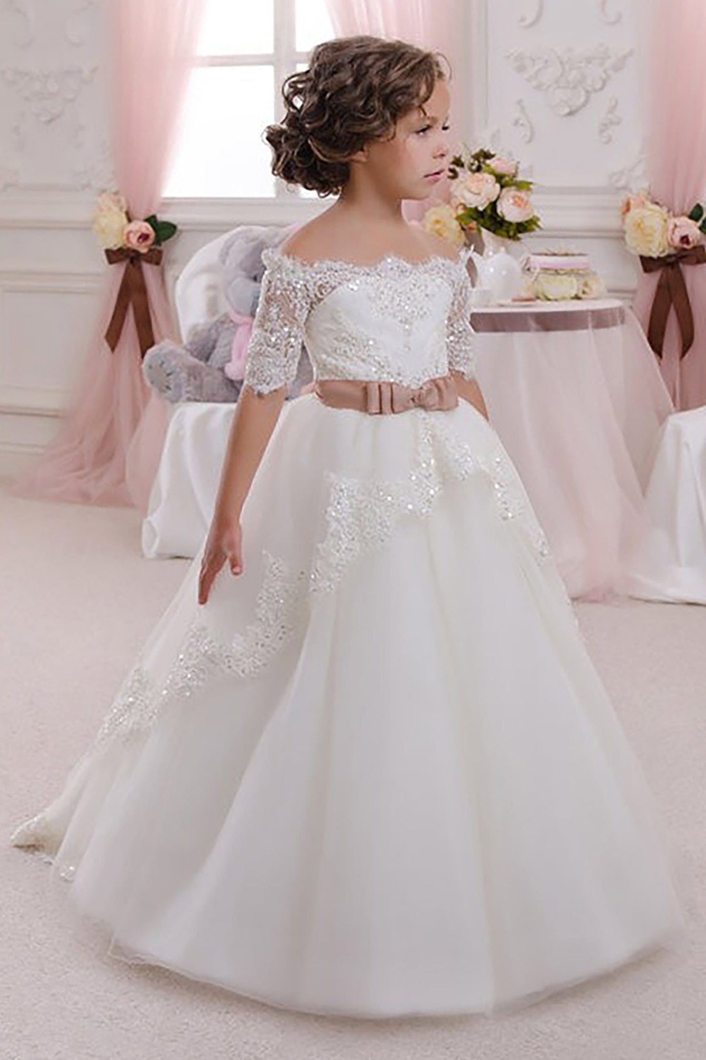 A-Line Floor Length Tulle Lace Flower Girl Dress CF0333