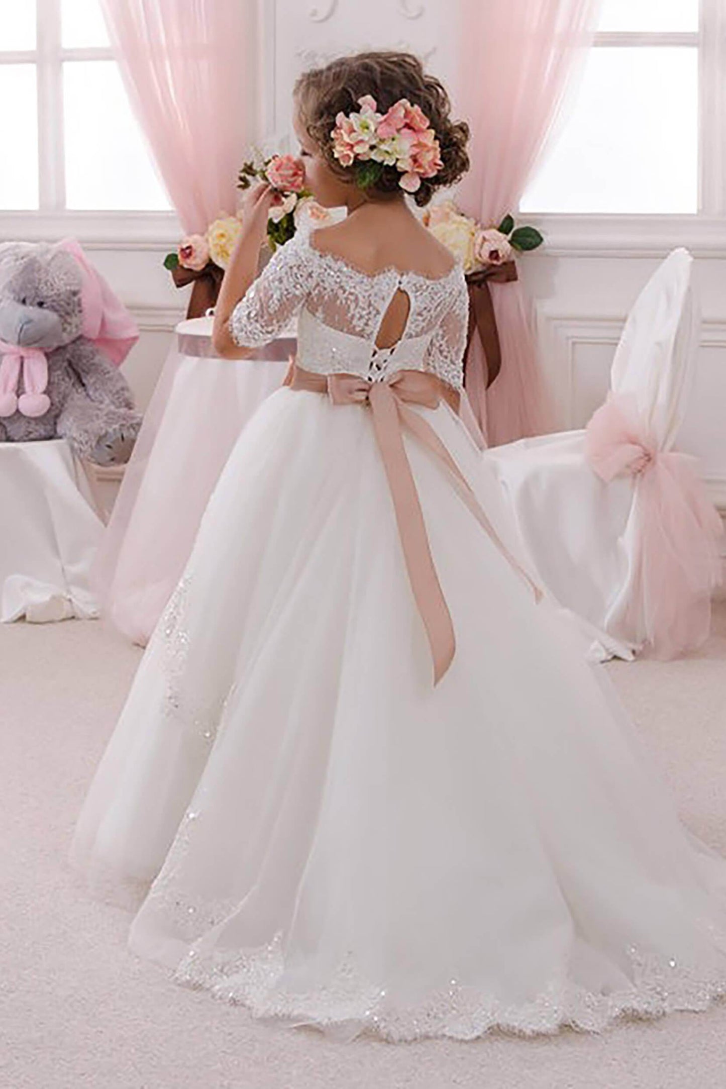 A-Line Floor Length Tulle Lace Flower Girl Dress CF0333 - COCOMELODY