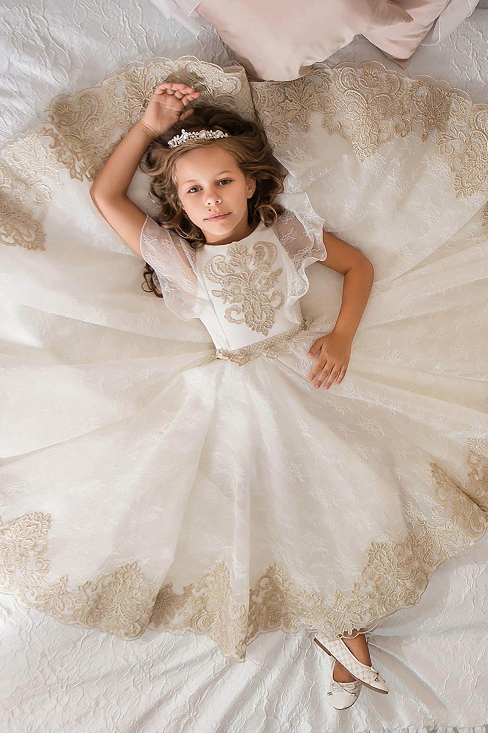 A-Line Floor Length Satin Lace Flower Girl Dress CF0338 - COCOMELODY