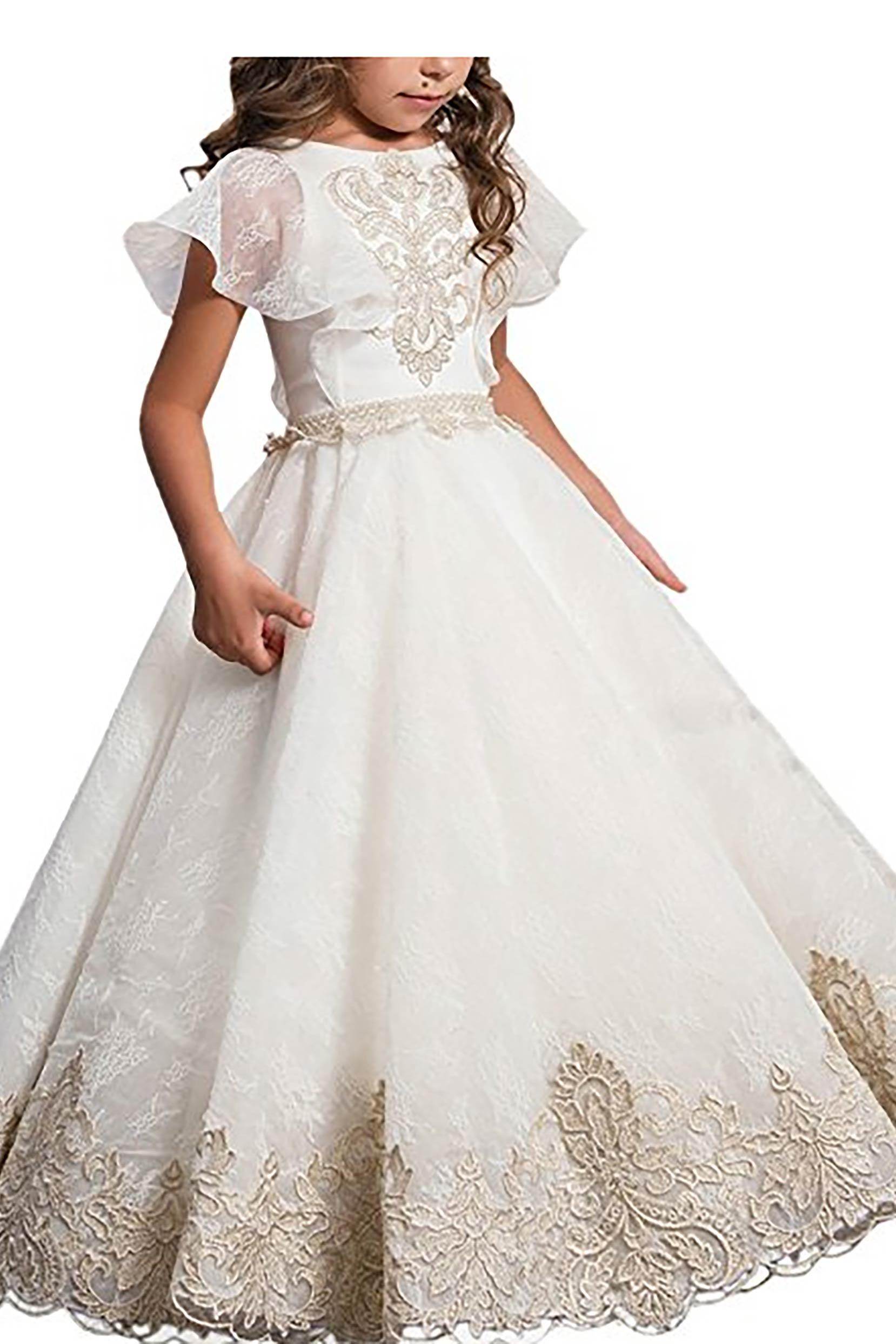 A-Line Floor Length Satin Lace Flower Girl Dress CF0338 - COCOMELODY
