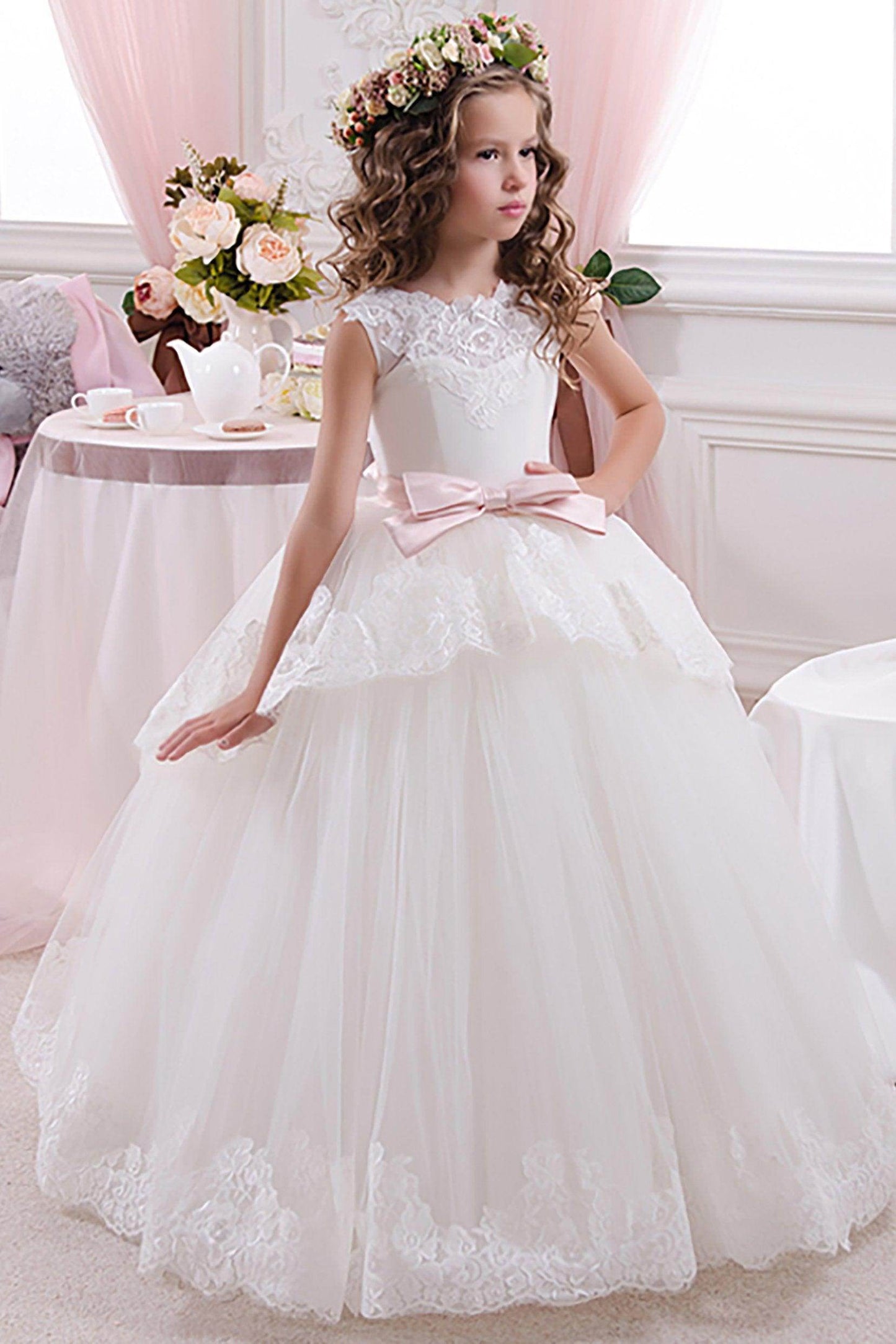 A-Line Floor Length Tulle Lace Flower Girl Dress CF0341 - COCOMELODY