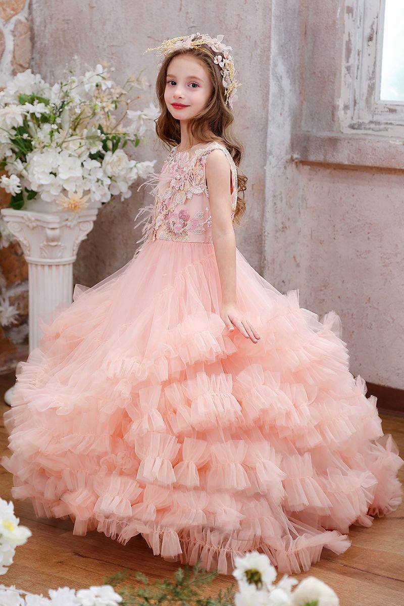 Ball Gown Sweep-Brush Train Tulle Flower Girl Dress CF0354 - COCOMELODY