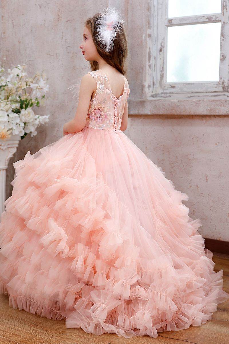 Ball Gown Sweep-Brush Train Tulle Flower Girl Dress CF0354 - COCOMELODY