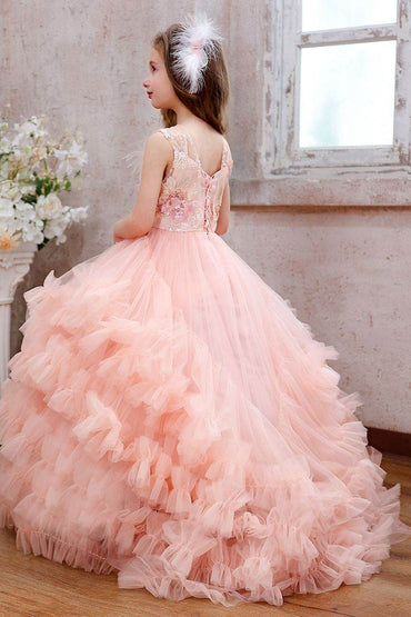 Ball Gown Sweep-Brush Train Tulle Flower Girl Dress CF0354 - COCOMELODY