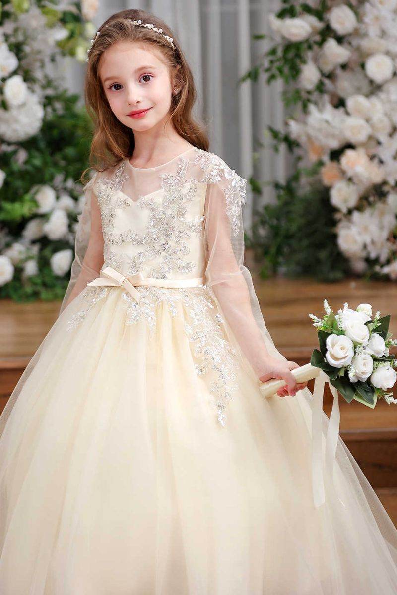 A-Line Sweep-Brush Train Tulle Flower Girl Dress CF0356 - COCOMELODY