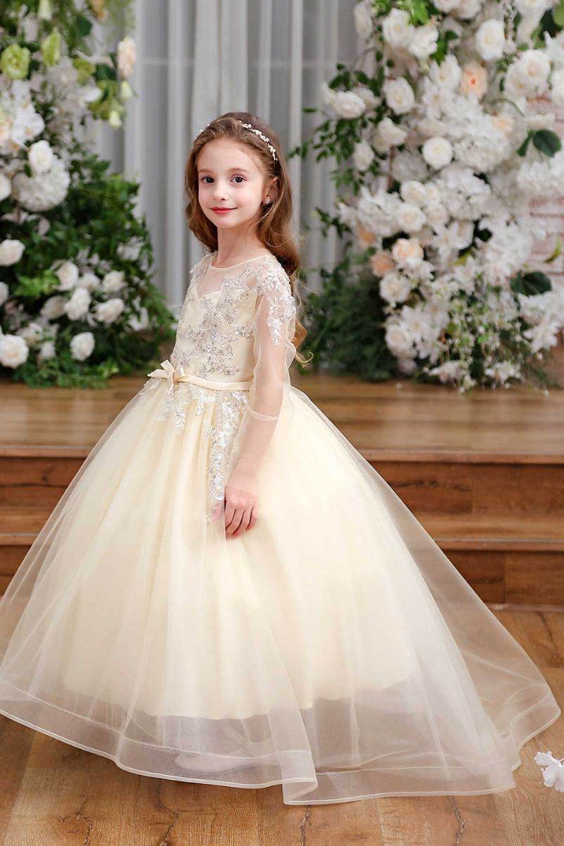 A-Line Sweep-Brush Train Tulle Flower Girl Dress CF0356 - COCOMELODY