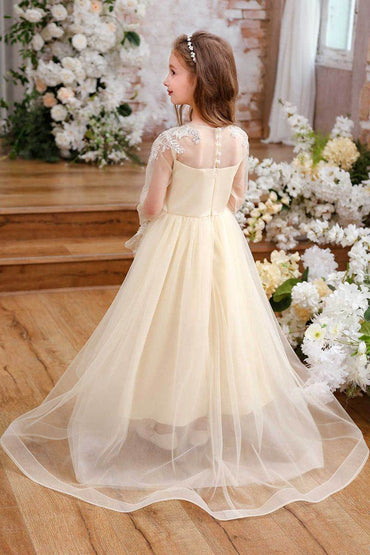 A-Line Sweep-Brush Train Tulle Flower Girl Dress CF0356 - COCOMELODY