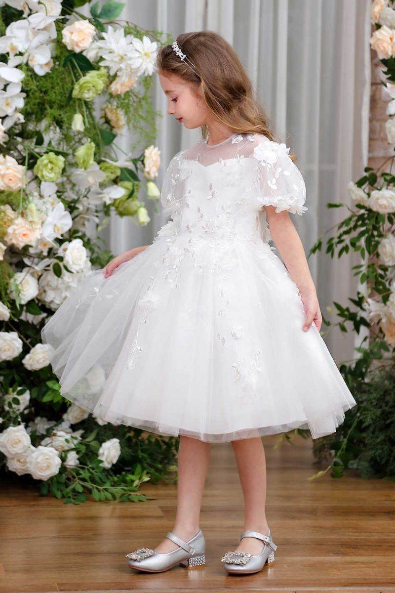 A-Line Midi Tulle Flower Girl Dress CF0363 - COCOMELODY